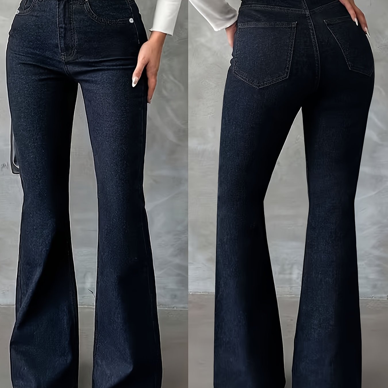 Image of Women's New Stretchy Fashion Bootcut Jeans - Washed Dark Blue 90s Flared Pants With Pockets. Made From Comfortable Denim, Solid-colored Trousers Are Perfect For .