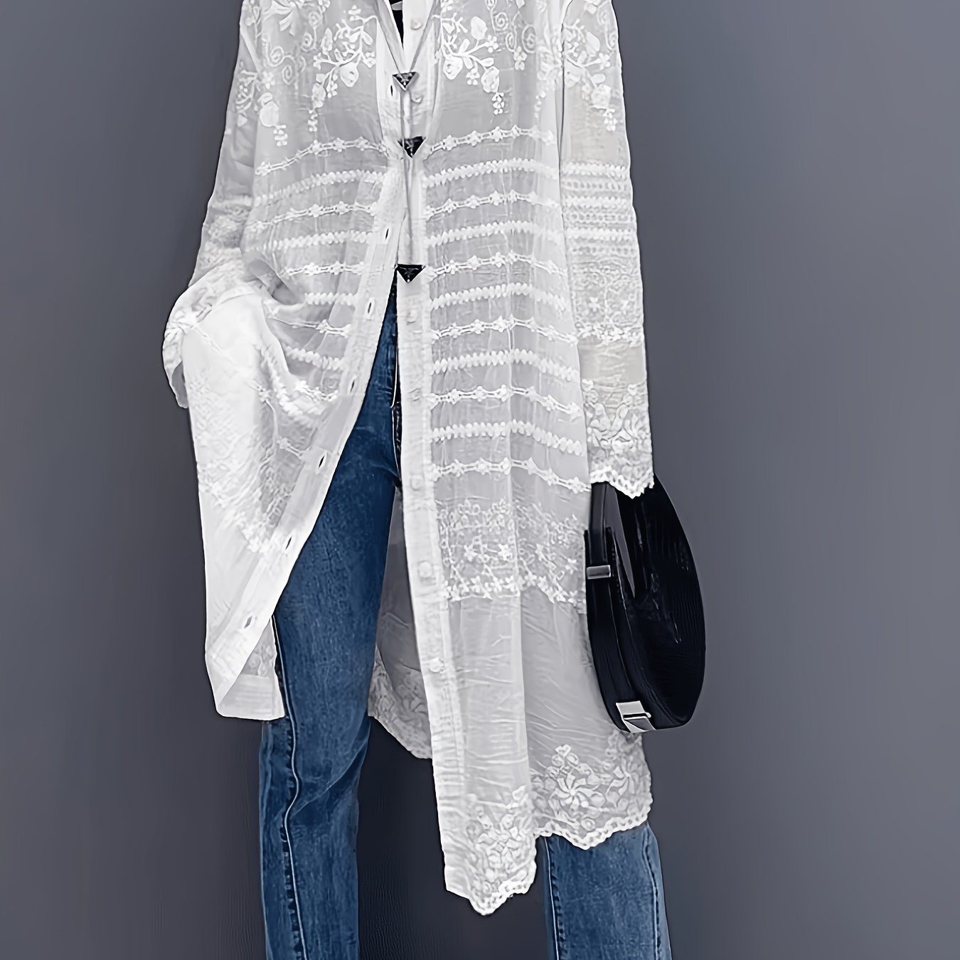 Plus Size - Plus Size - Bohemian Vacation White Heavy Embroidered Long Shirt, Lapel Collar Lightweight Top With Delicate Pattern, Elegant For Spring Summer Fall