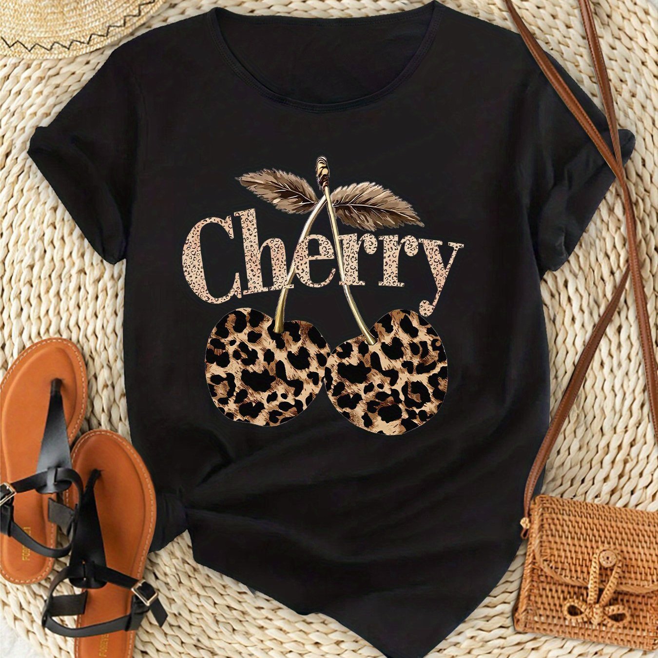 Image of Plus Size, Plus-size Women's Fashion, Cherry Leopard Print, Elegant Women's Party Wear, Loose Fit, Gift, Soft, Machine Washable, Stretchy, Y, Round Neck, Short-sleeve Top.