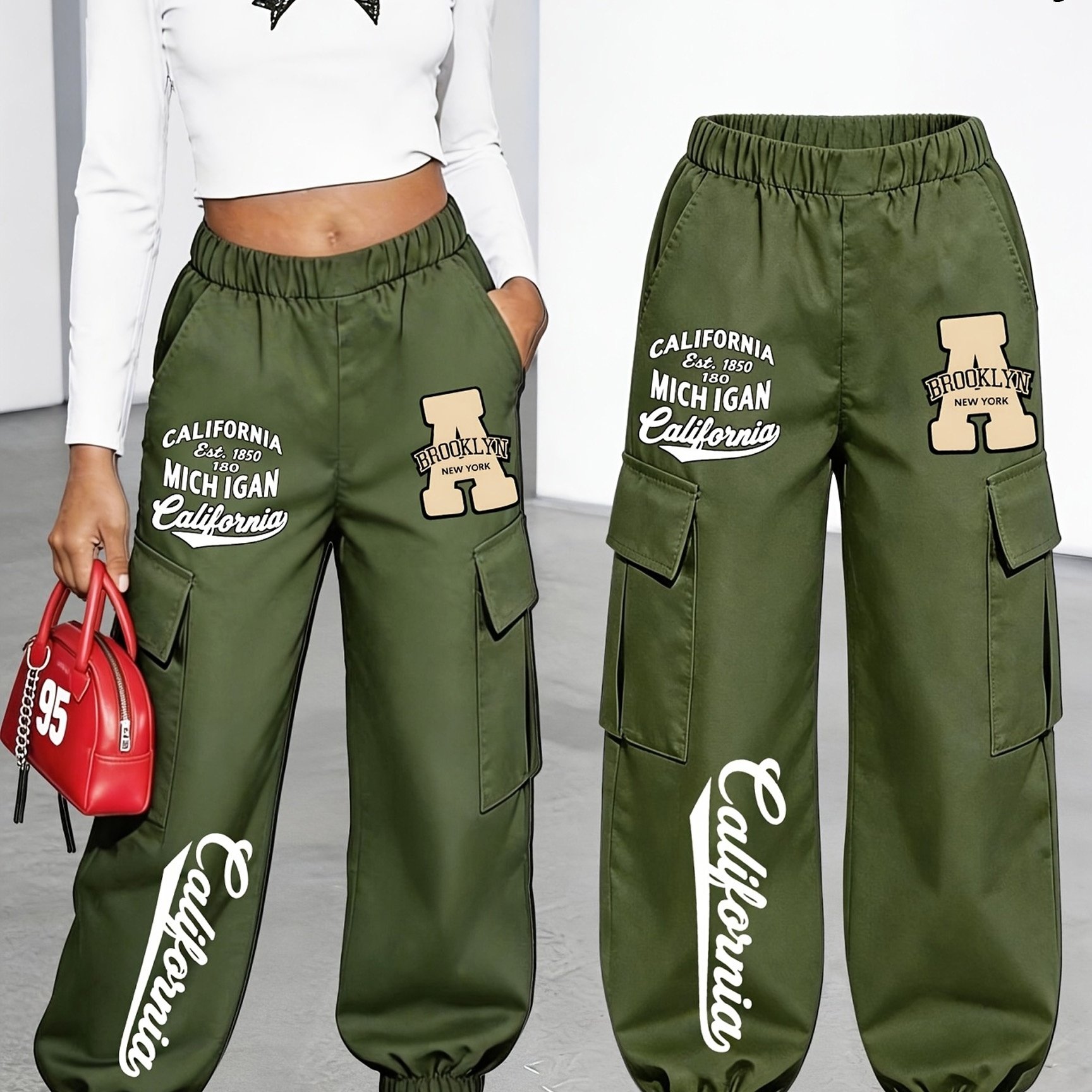 TEMU New Arrival - Women's Long Pants (single Piece), Cute And Fun Pattern Letter Print Cargo Pants, Multi-, Digital Cartoon Pattern, Cargo Style,