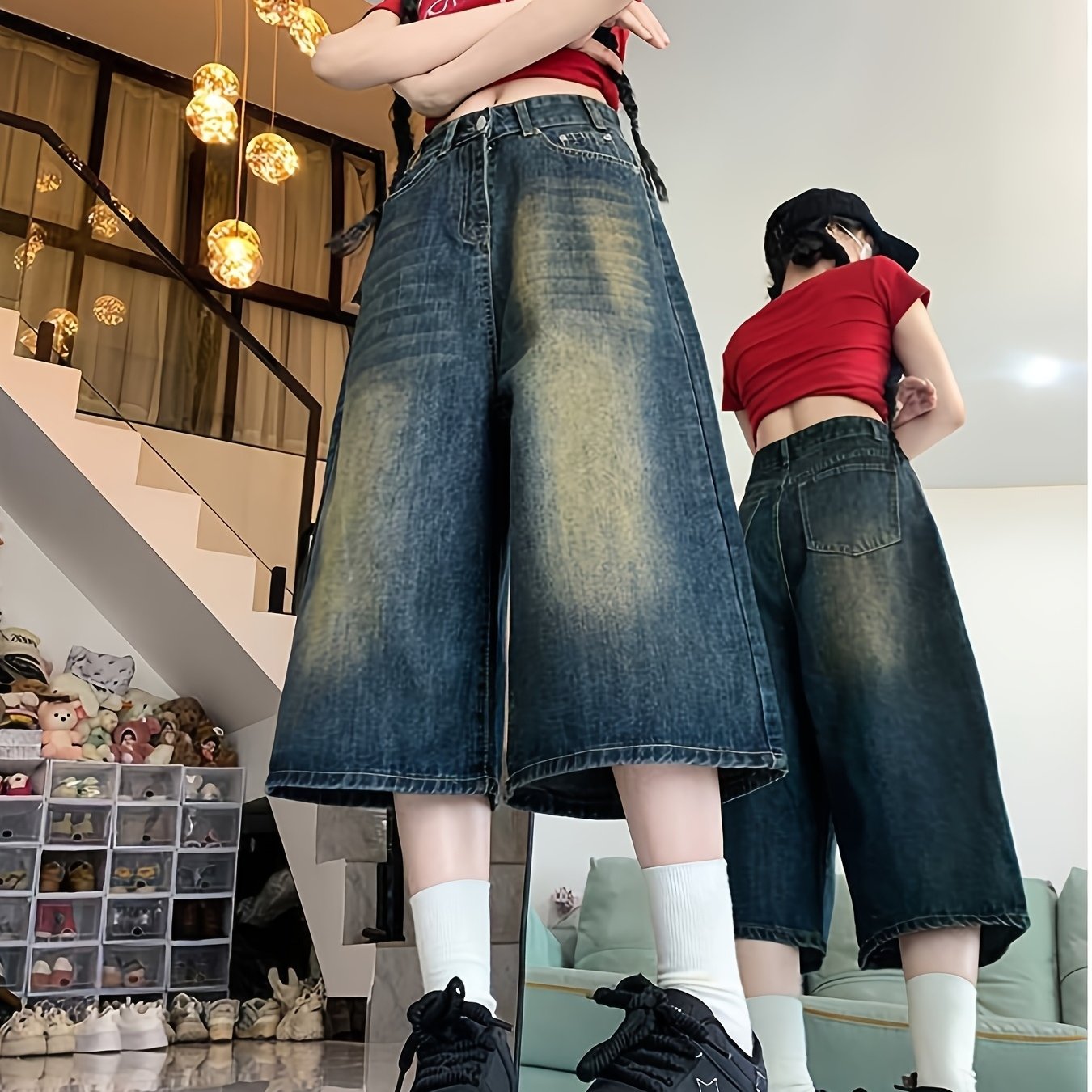 TEMU 【商品名】ハイウエスト ワイドレッグ ドジーンズ、アメリカンスタイル。スフィット、フェイジアウト、ダメージ加工されたブルーデニムショーツ。トレンドの人が普段使いやお出かけに最適なトップピック。