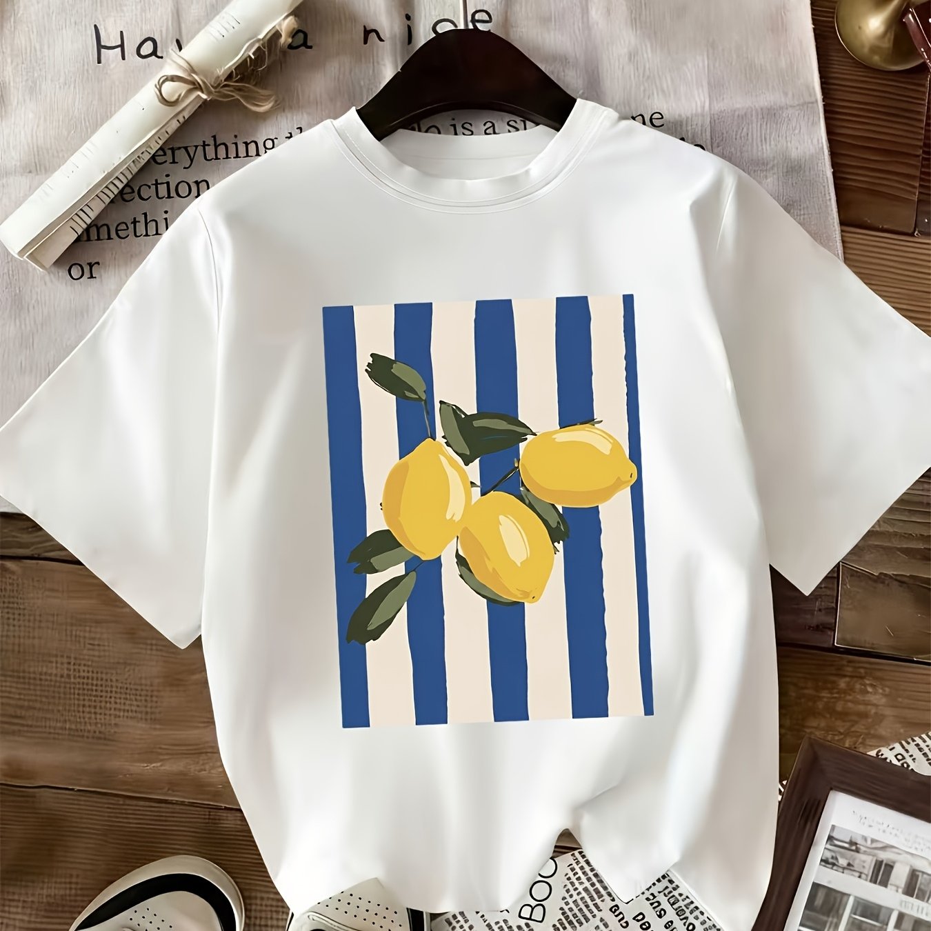 TEMU Plmm Women's Casual T-shirt - Lemon Print Summer Top, Blue And , Soft Casual Shirt, Machine Washable Daily Tee, Suitable For Casual Wear And