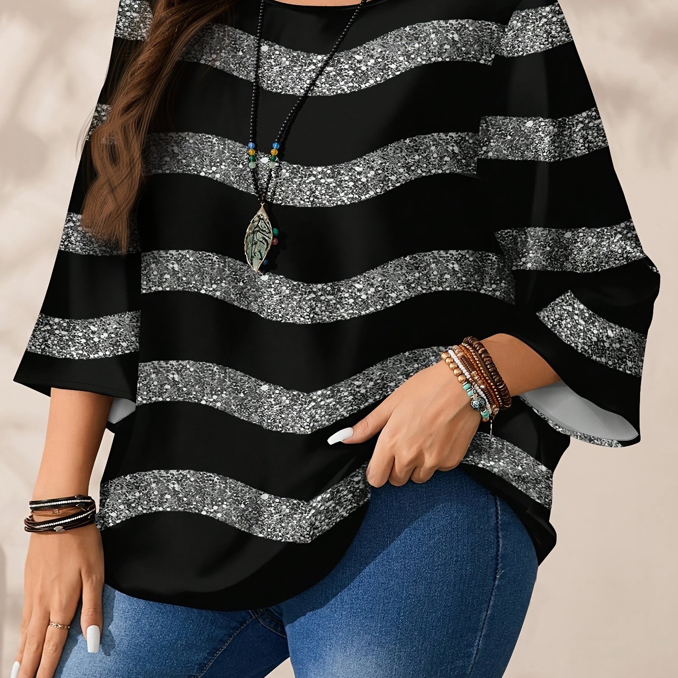 TEMU Haut grande taille pour femme, printemps/automne, à imprimé rayures ondulées, T-shirt décontracté ample à col ras du cou