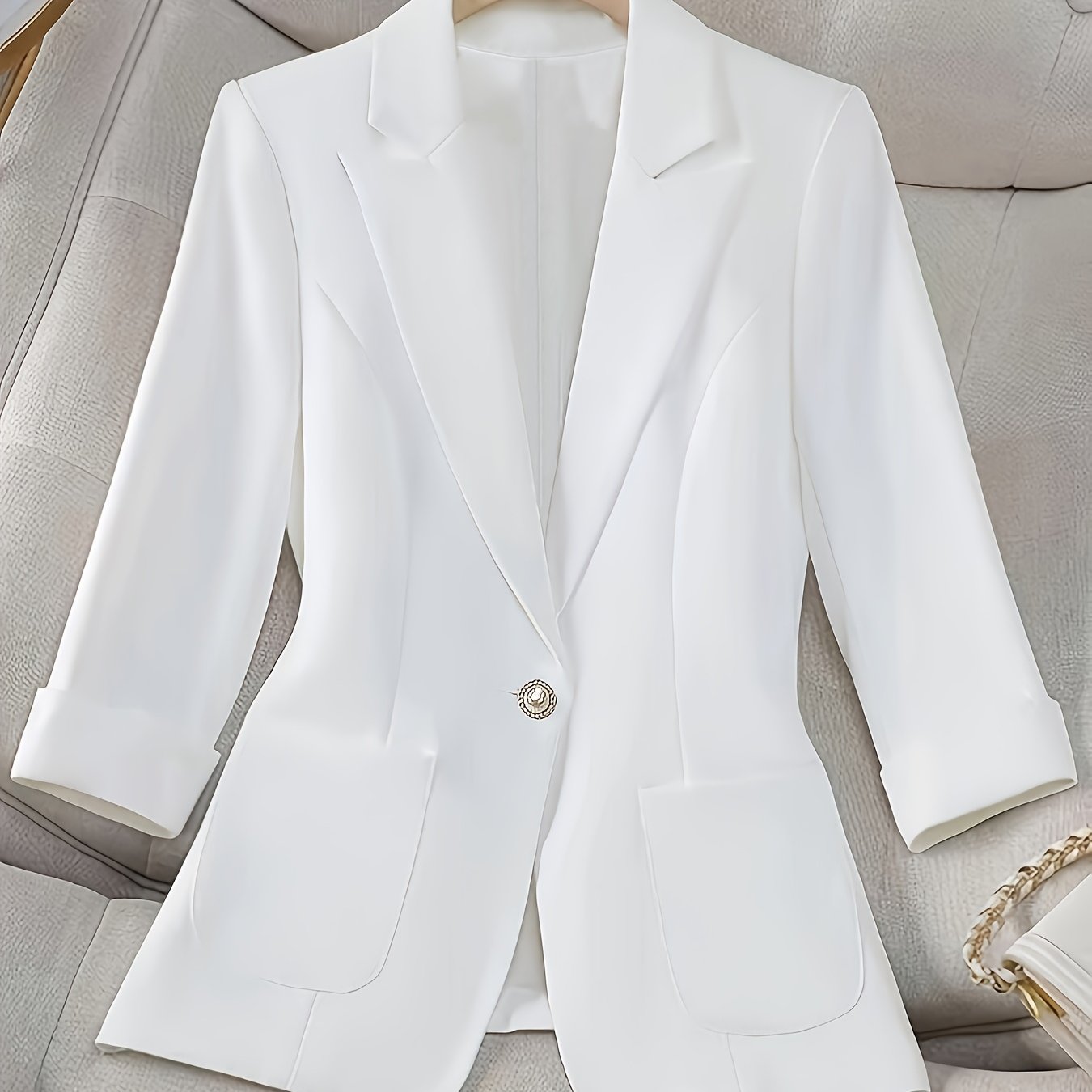 TEMU Women's Casual Pearl Single-button Solid Color Blazer, Double-layer With Lining, , Three-quarter Sleeve Portable Women's Suit, Very Suitable For
