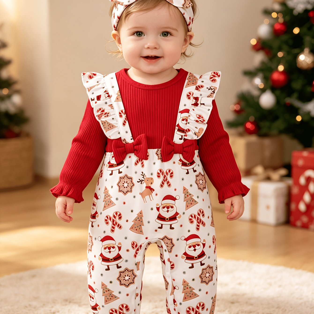 Image of Christmas Girl Santa Print Bow Fake Suspenders Bodysuit + Headband, Perfect For Outdoor