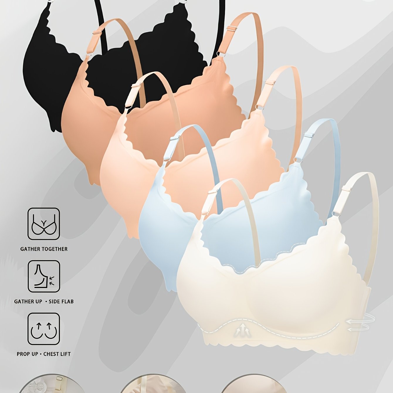 5pcs Set Of Seamless Wavy Edge Underwear, Adjustable Shoulder Straps For Flexible , Gathering And Supporting Force Online, Shock-absorbing Without Displacement.