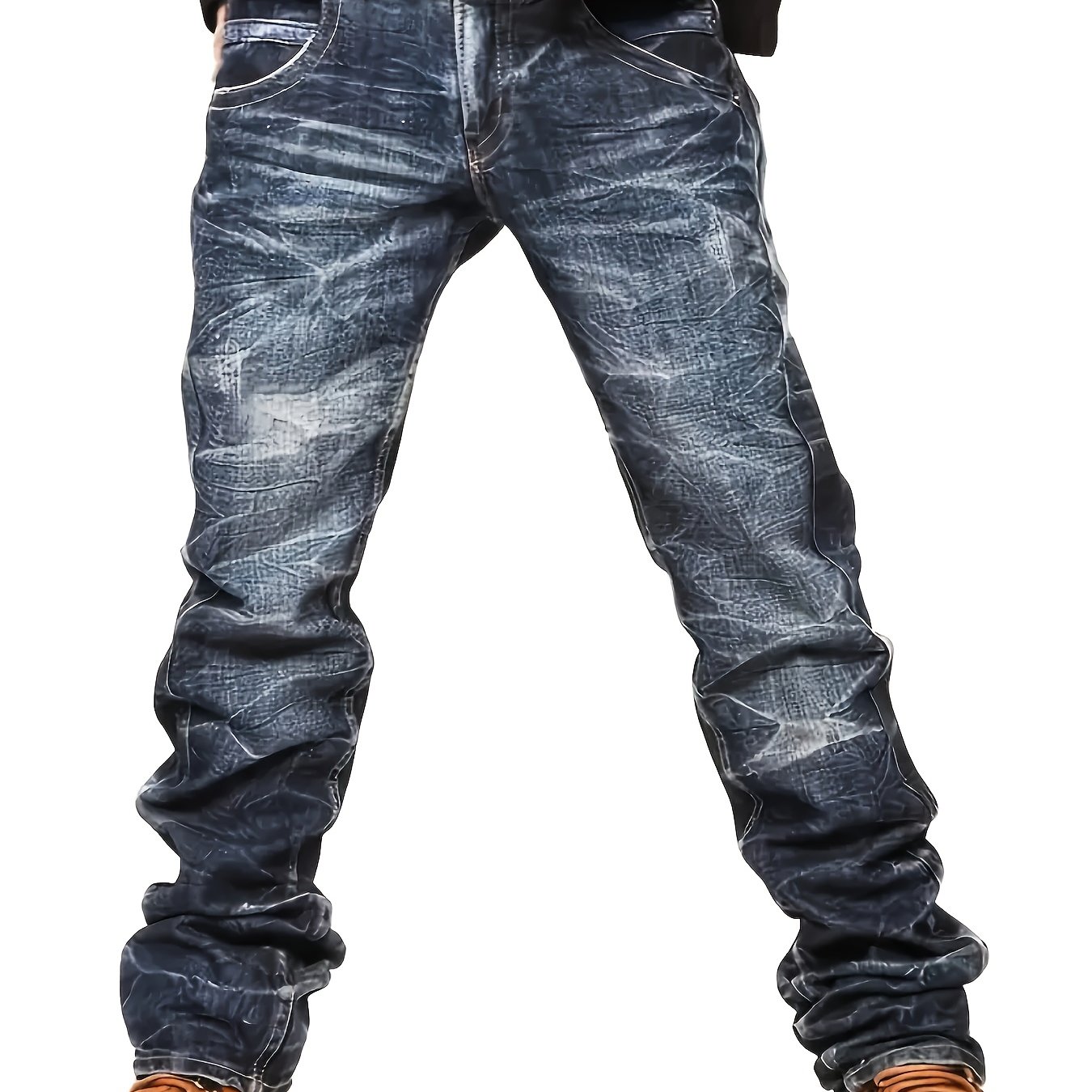 Image of Men's Denim Jeans - Washed Black Stacked Denim With Hem, Street Style, Medium Stretch, Slim Fit, Regular Length, Wear, Black Denim