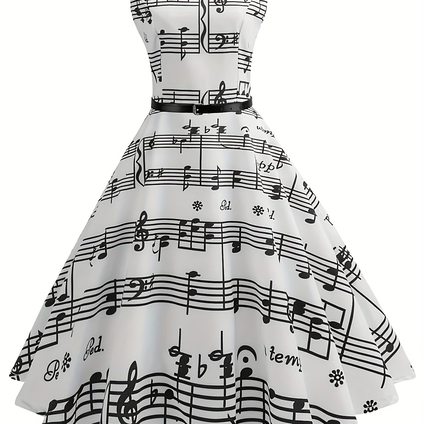Music Note Print V-Neck Long Sleeve Two-Piece Vintage Midi Dress main image 0