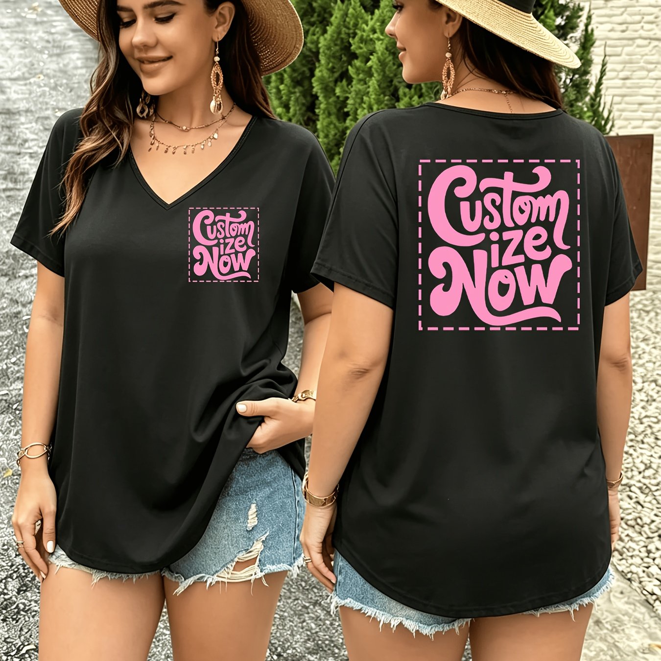 TEMU Plus Size, Custom Plus Size Fashion Women's V-neck Short Sleeve Top - 2-sided
