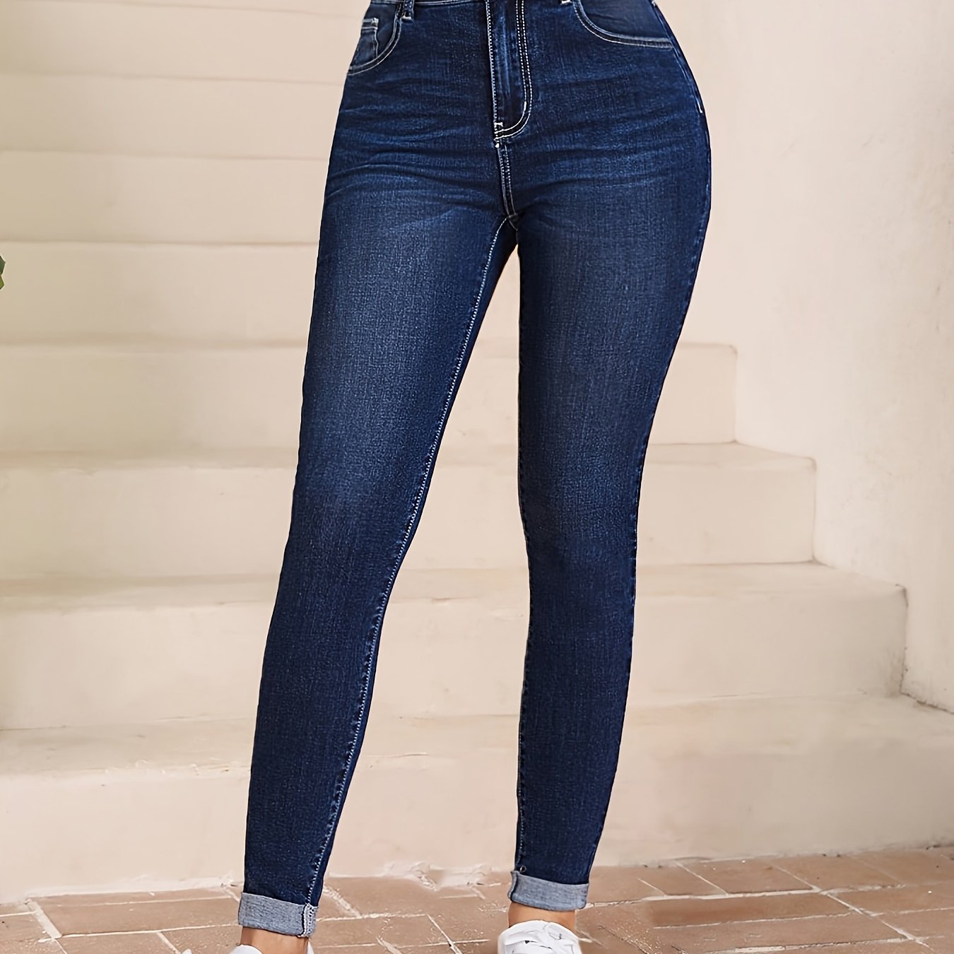 

Jean skinny extensible bleu foncé uni, taille haute, élégant, pour femme, en denim délavé, pour l'automne