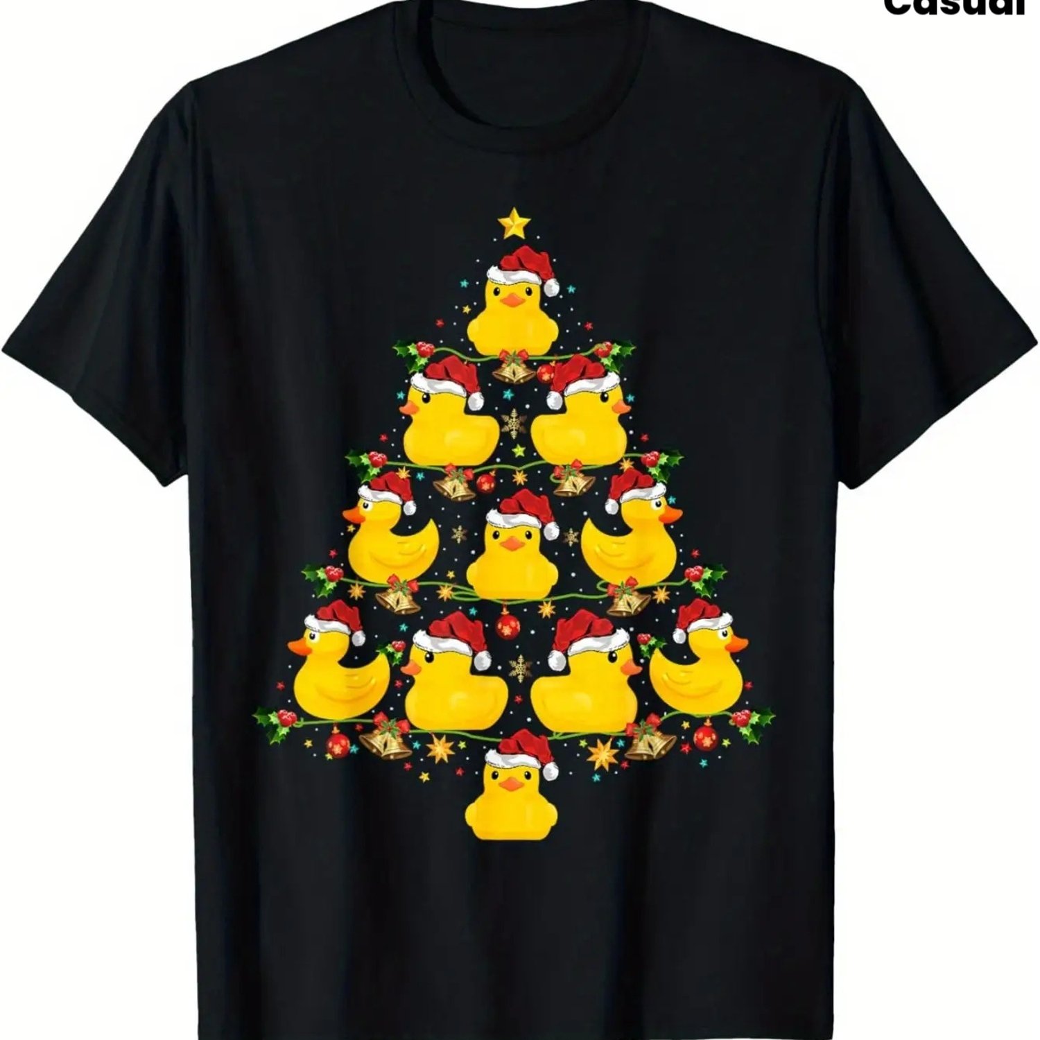 TEMU Men's Casual T-shirt With Rubber Duck & Christmas Tree Print - Round Neck Short Sleeve Suitable For Summer, Machine Washable Fabric, Heat