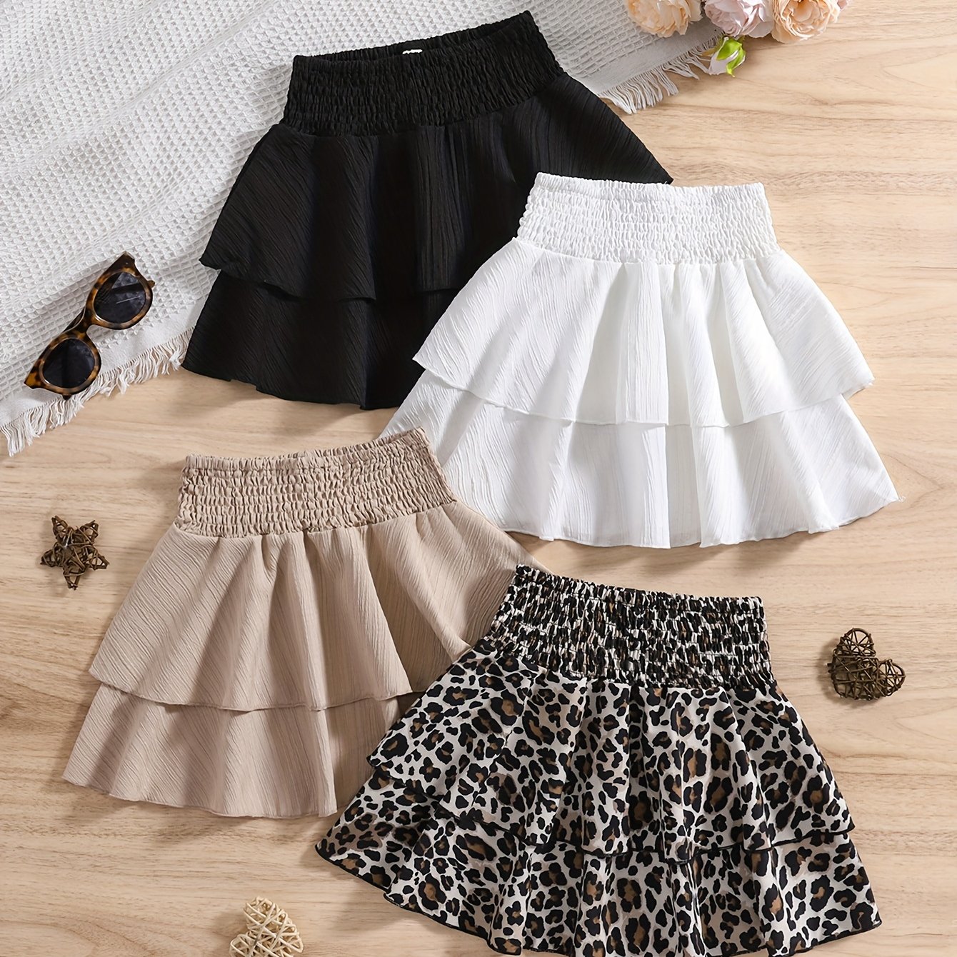Image of 4pcs Set Girls' Clothing, Sizes 110-160, Spring/summer Fashion, Sweet And , Solid Color Heart Print High-waist Tiered Cake Skirt, Versatile Flared Half-skirt