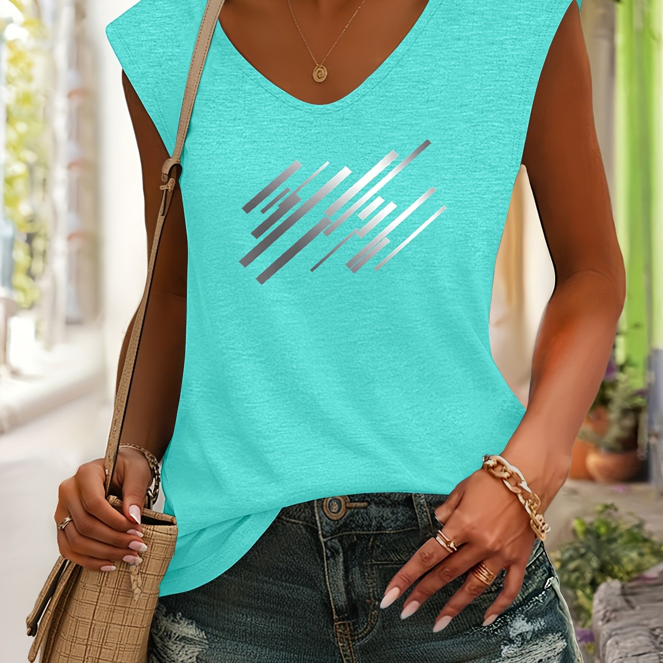 TEMU V-neck Sleeveless T-shirt With A Silvery-gray Gradient Diagonal Line Pattern Print, Made Colored. Versatile And And Match, Suitable For A Of