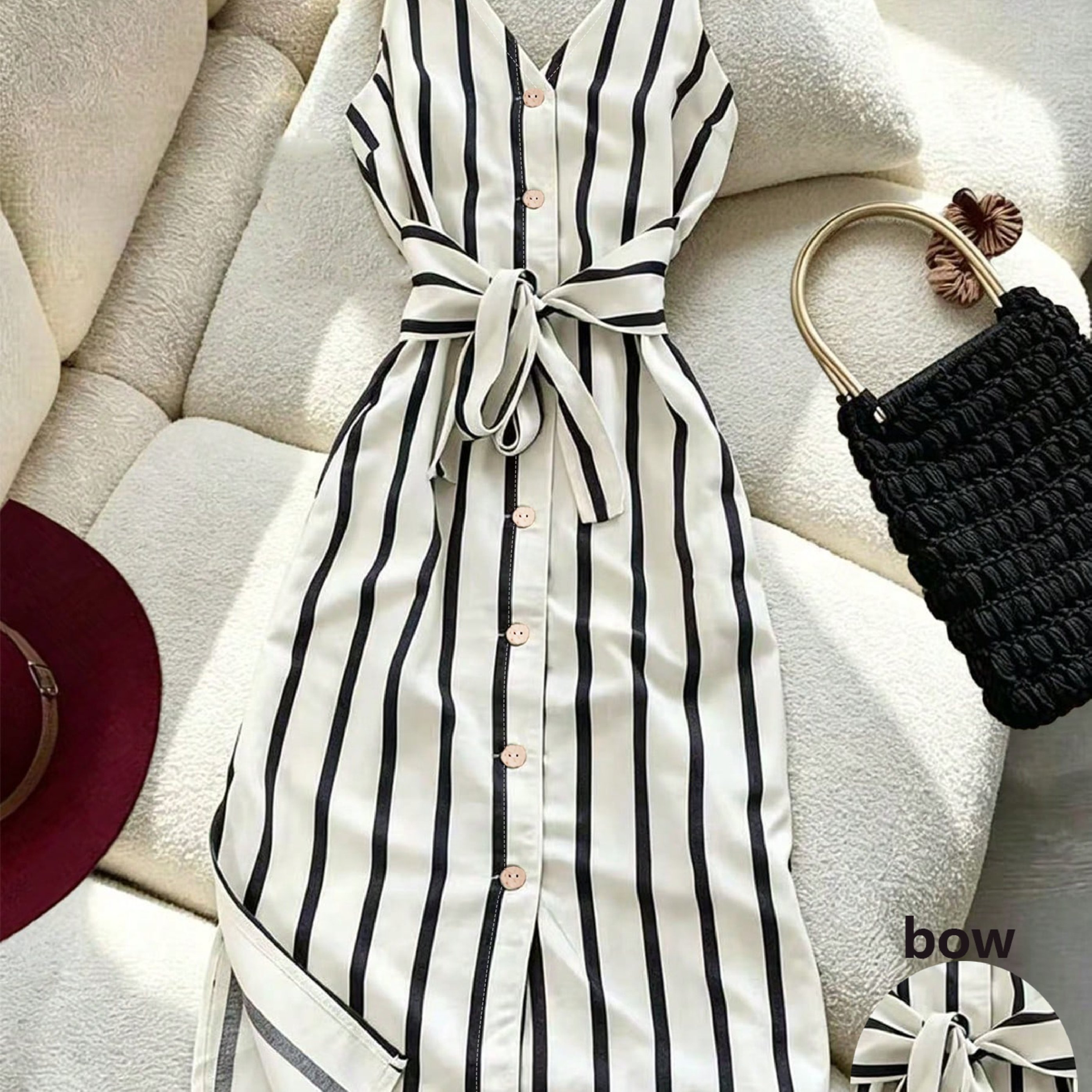 TEMU Women's Fashion Printed Striped Single-breasted Lace-up Midi Dress