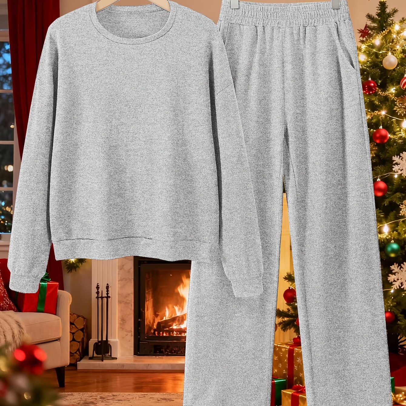 TEMU Autumn/winter New Women's Fabric Two-piece Set: Round Neck Sweater + Fabric Pants