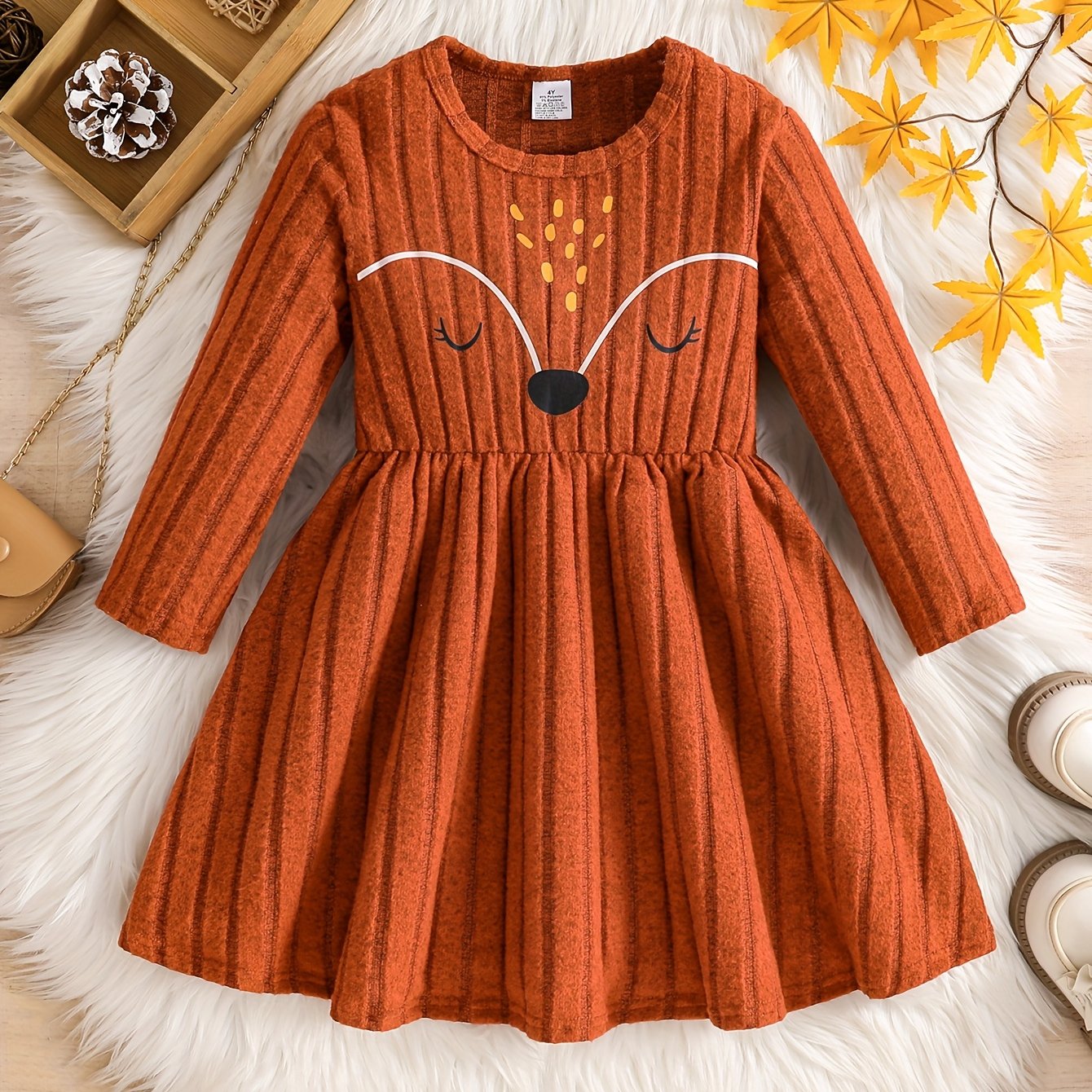 Image of Girls' Easy And Comfortable Spring And Autumn Suit, Girls' Toddler Print Round Neck Knitted Soft Waist-cinching Mid-length Dress, Girls' Outdoor Temperament Beautiful And Fashionable Trendy Clothing