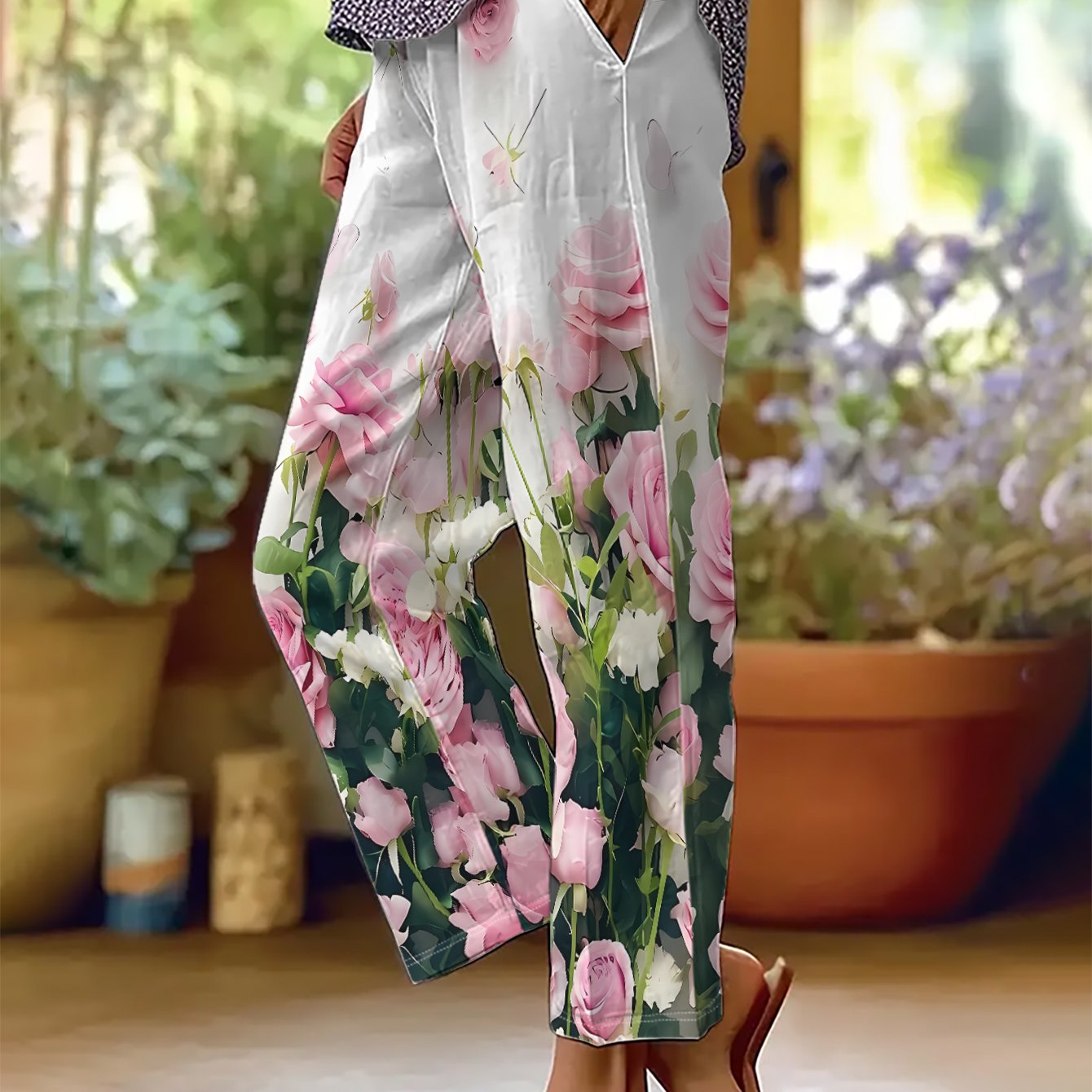 TEMU Spring/summer Women's Casual Straight-leg Pants With Elastic Waist And Drawstring, Machine Washable Polyester, Rose Print Outdoor Trousers