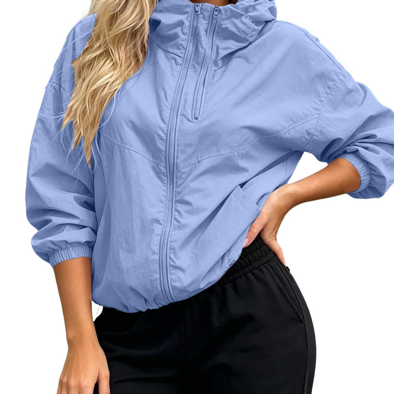Image of Women Hooded Cropped Jacket, Trendy Short Waist Cut With Large Side Pockets, Breathable Lightweight Fabric For Summer Autumn Vacation Daily Cover Up Top