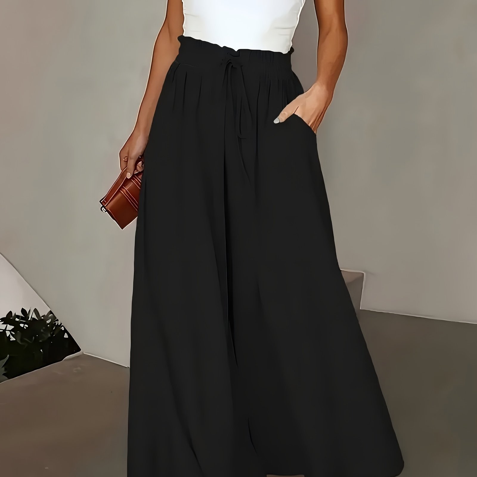 Image of Women's Wide-leg Pants - Elegant Minimalist Solid Color With Fake Drawstring Waist (no Elastic), Wide-leg For Stability - Suitable For Daily , Travel, Lounge & Casual Wear - Machine-washable Trousers