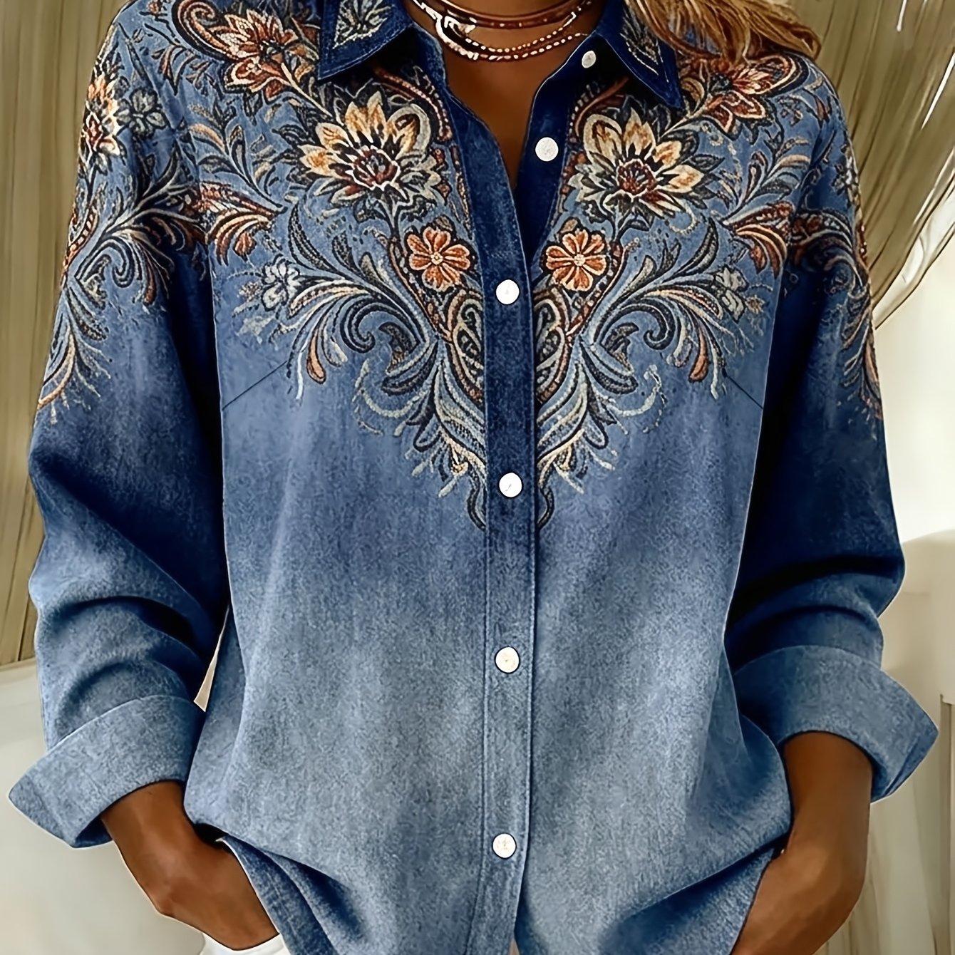 TEMU Plus Size, Vintage American-style Floral Print Women's Plus-size Button-up Long-sleeve Shirt