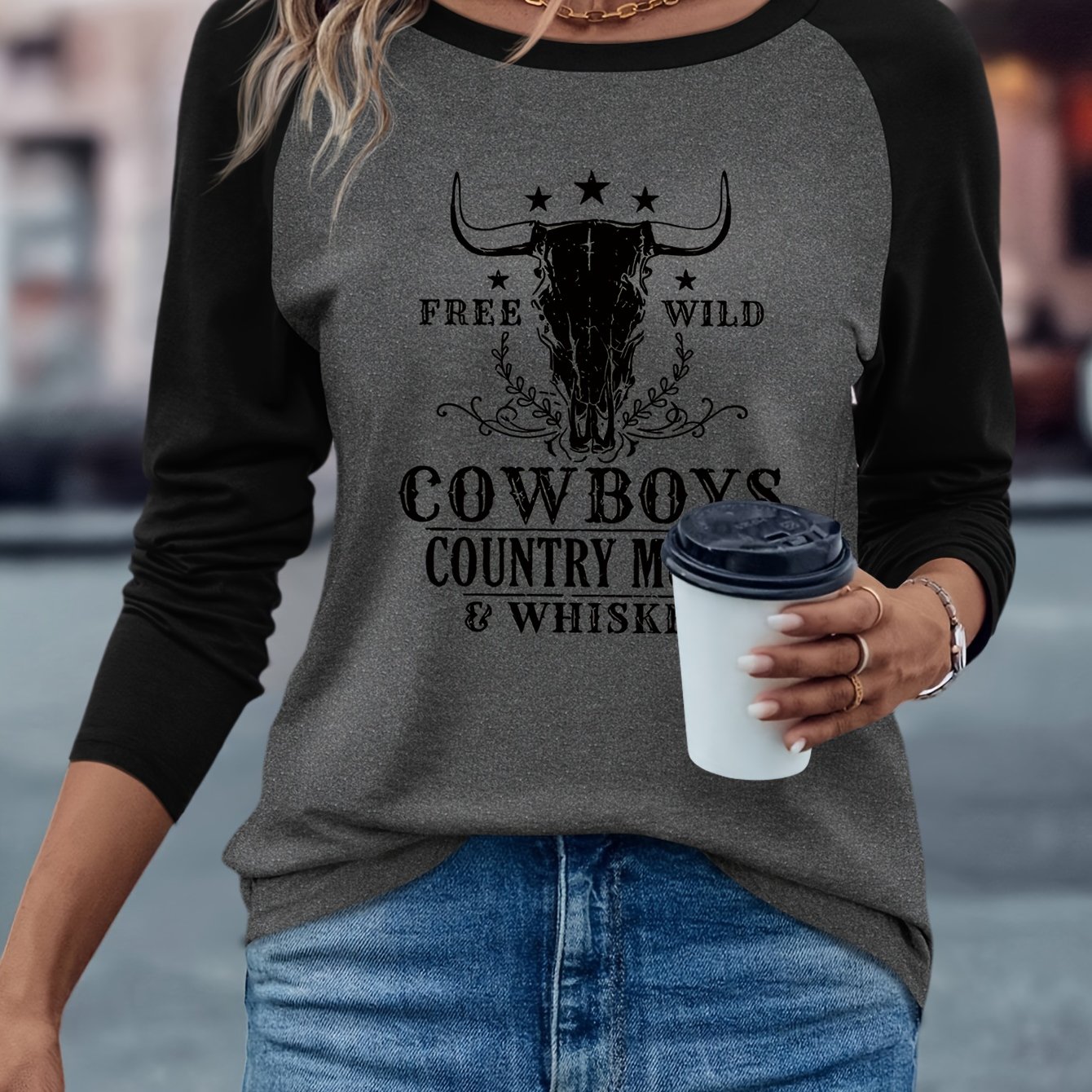 TEMU Western Music Pattern Printed Women's Autumn Winter Top Casual All-match Easy Comfortable Fashion Leisure Color-block Round Neck Shoulder-cut