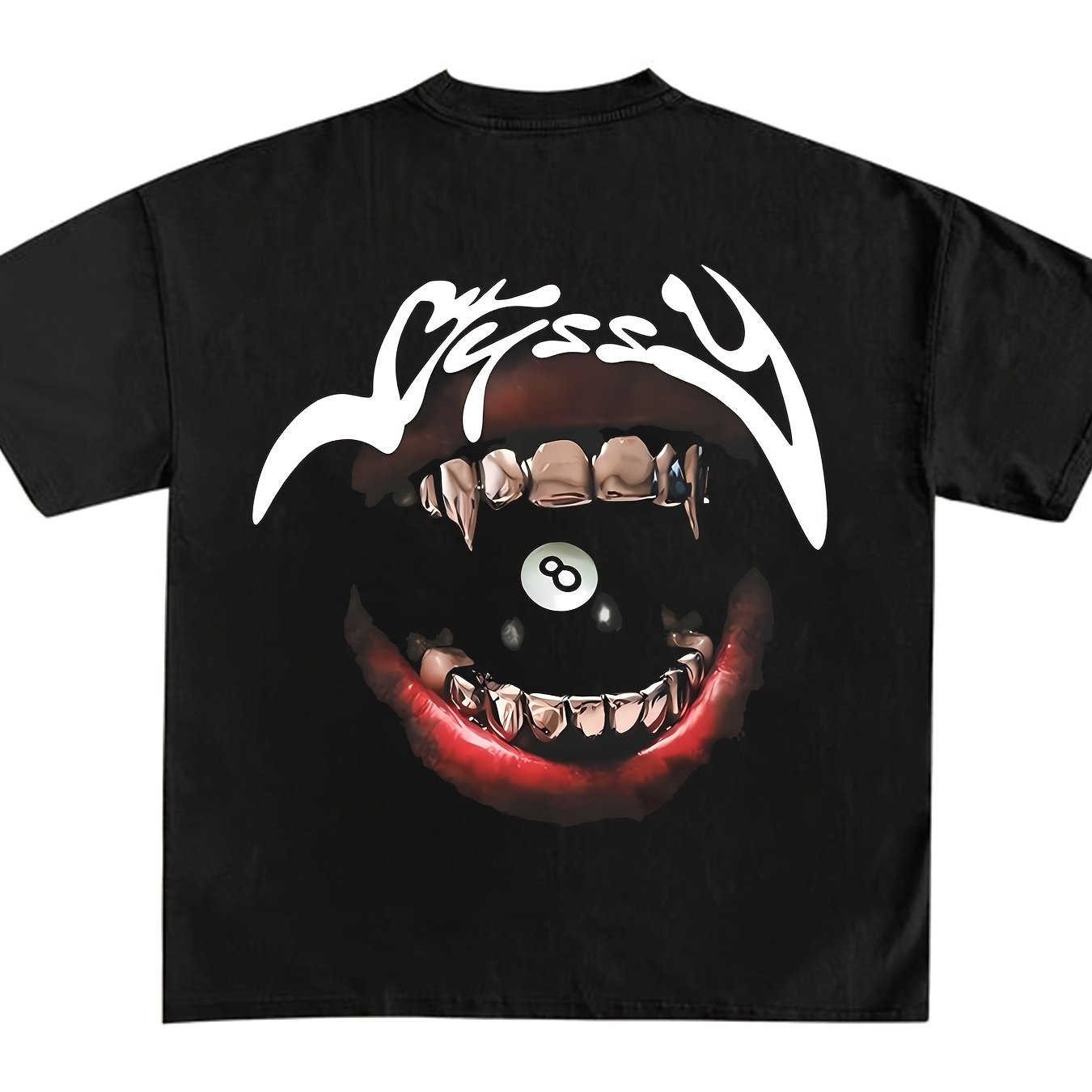 TEMU Plus Size Men's Blend Oversized With Back Print Golden Grill Mouth 8 Ball Billiards Abstract Cursive Graffiti Letter Graphic Crew Neck Short