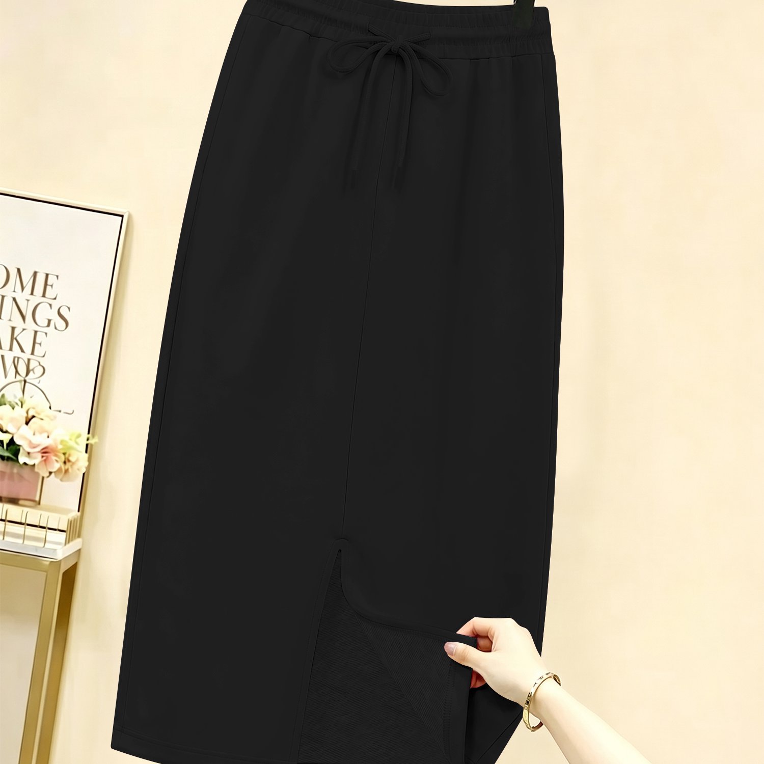 TEMU Women's Casual Slit Sweatshirt Dress, Straight-cut Slit Midi Skirt, Draped Skirt, Front Slit With Elastic Waistband