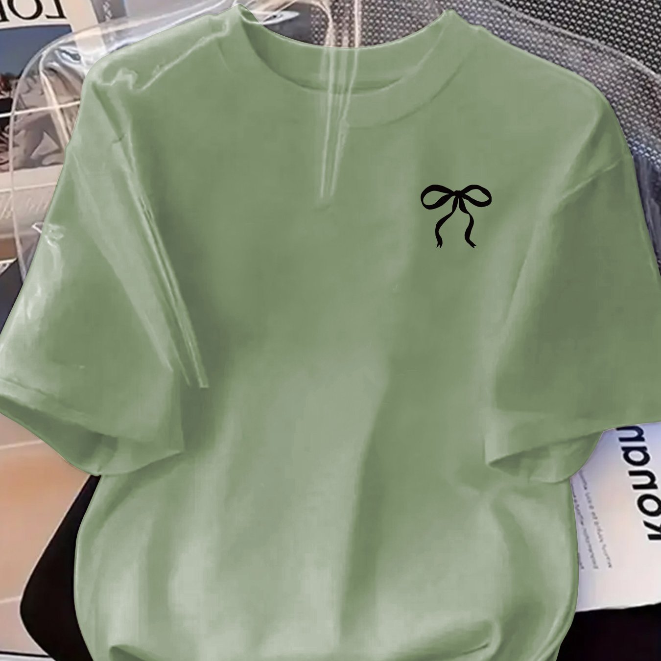 TEMU Bow Print T-shirt, Gentle And Sweet Casual Top, New Summer Niche Women's Short Sleeve, Simple, Fashionable, And Trendy, Flattering On Everyone