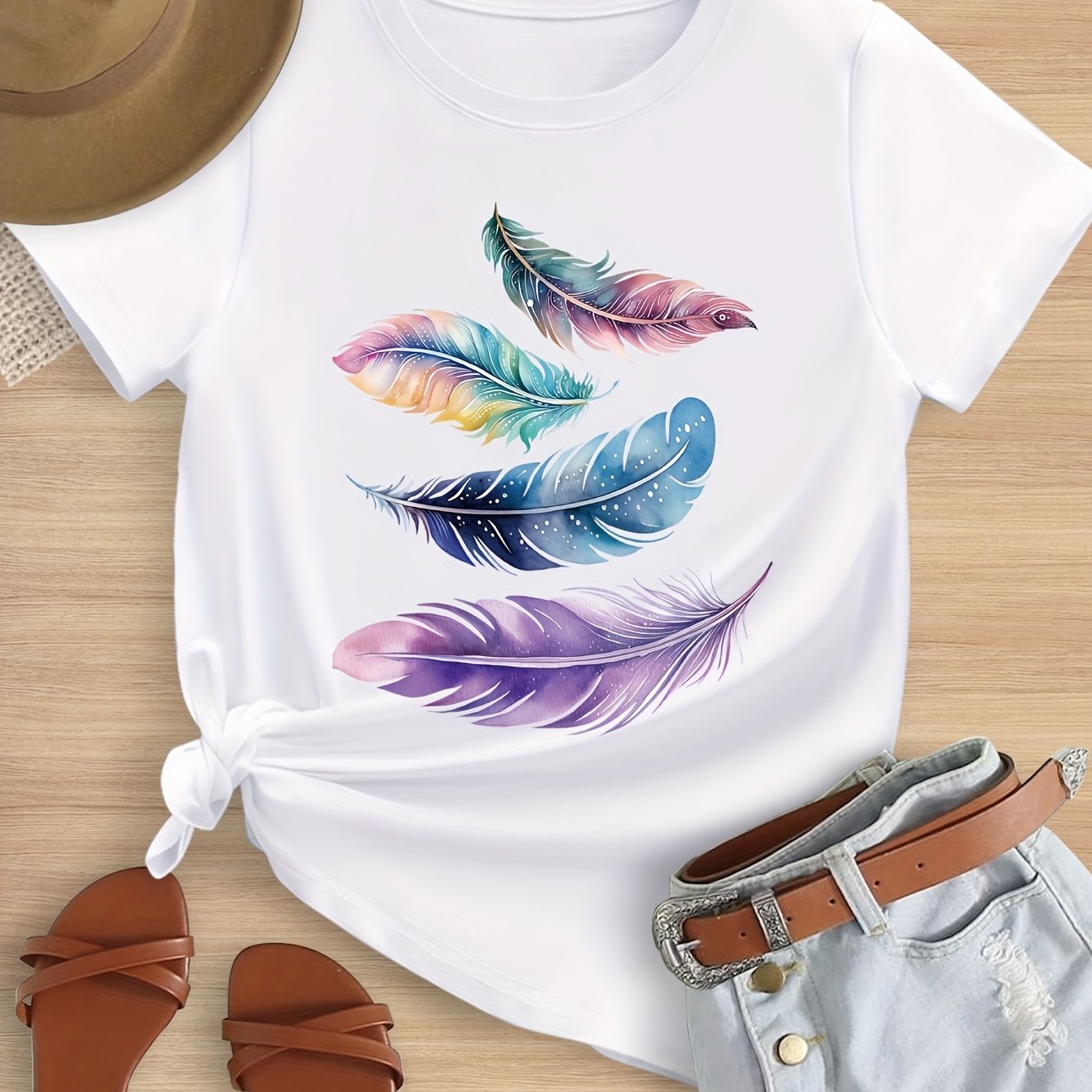 Image of Girls' Summer Short Sleeve T-shirt With Colorful Feather Print, Soft, Elastic And Comfortable Round Neck Short Sleeve Tee, Girls' Casual Outdoor Sports Summer Top, Suitable 7-14