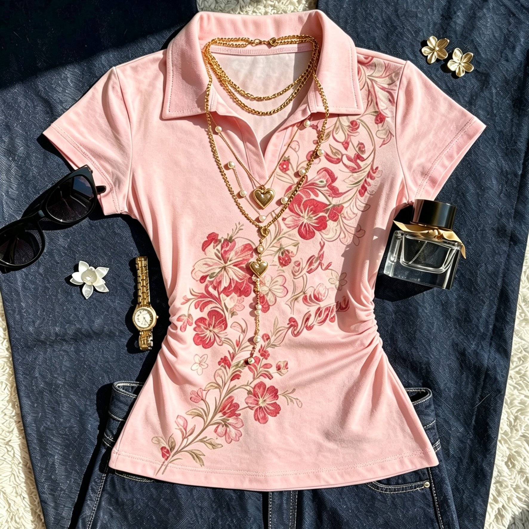 TEMU T-shirt femme d'été, style Y2K tendance, imprimé floral, col polo, coupe slim
