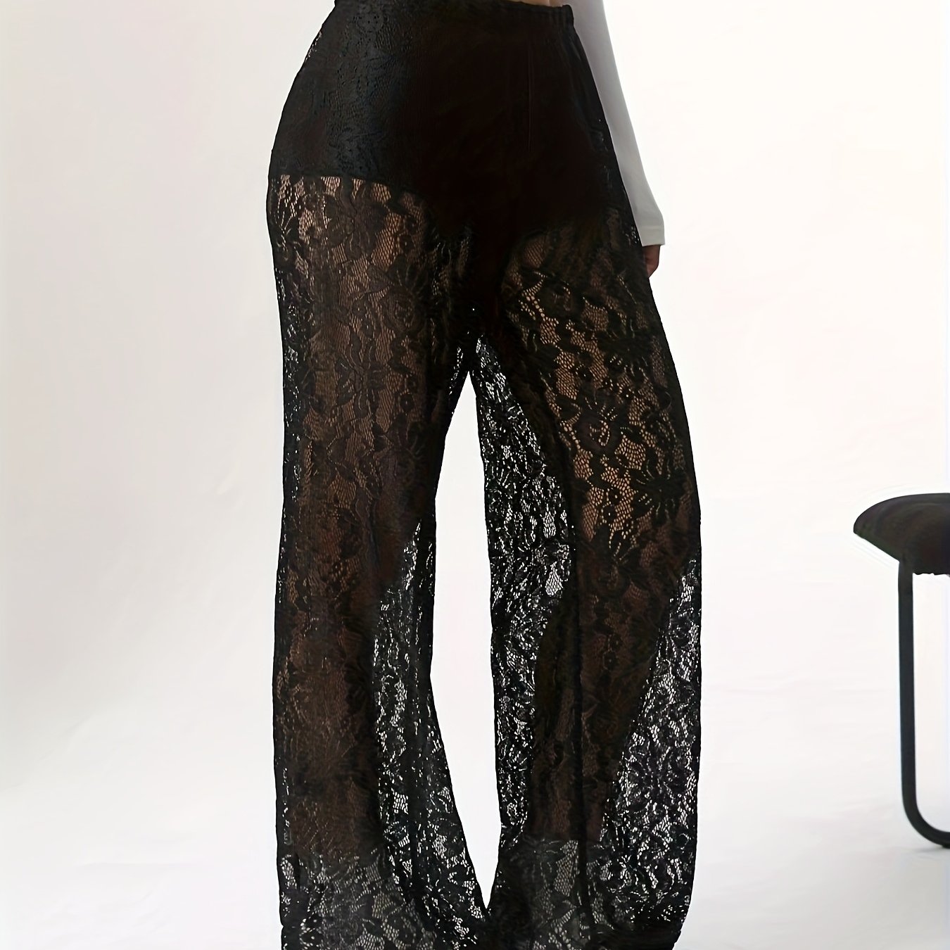 Ladies Casual Lace Solid Color Transparent Long Pants