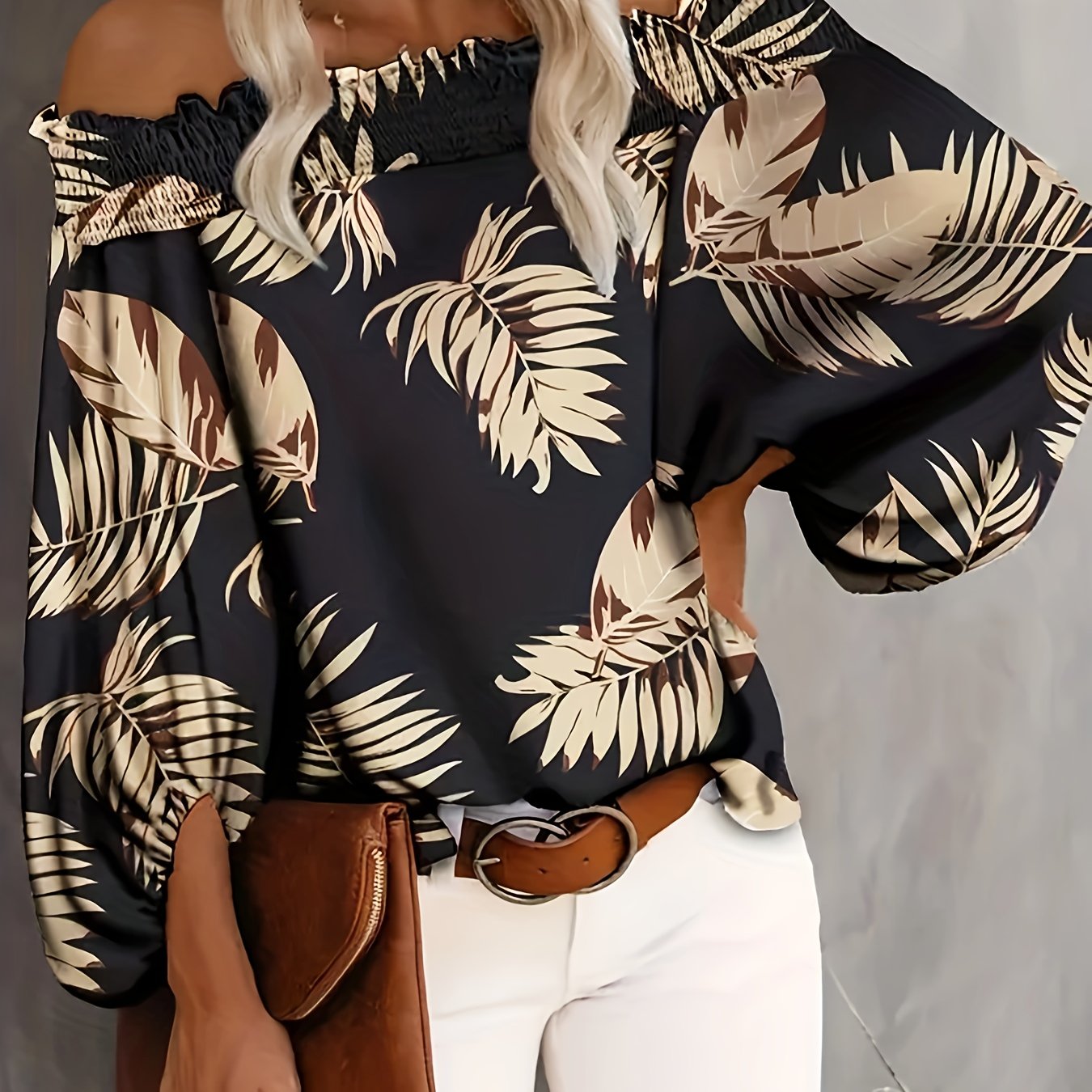 E-shop Plus-Size Damenbluse mit Rundhalsausschnitt und Puffärmeln & Tropischem Blumenmuster - Leichter Atmungsaktiver Stoff für Frühling Sommer Herbst,