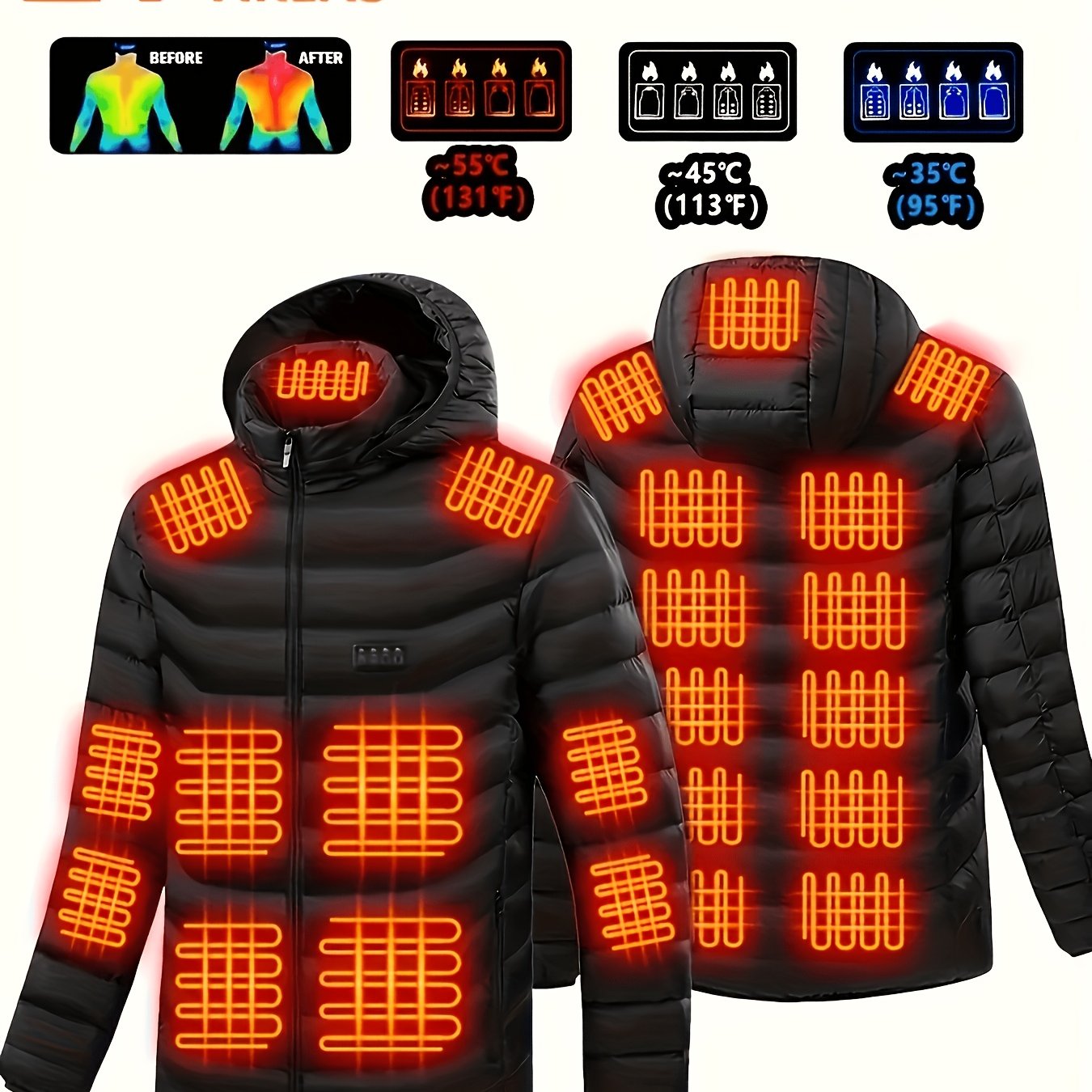 Image of Men's Heated Jacket, Unisex, 24-zone Heating, Usb Plug-in Powered Heating, Detachable Hood Design, Men's Jacket, Recommended For Cold Weather, Daily , Outdoor Camping, Skiing, Cycling, Etc.