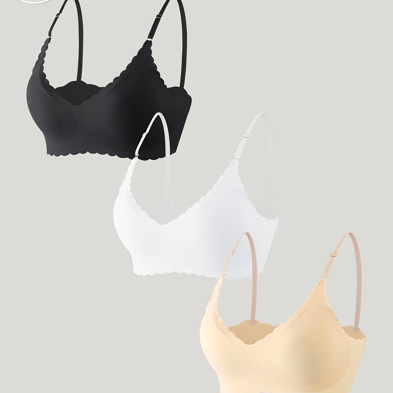 E-shop 3er-Pack Damen-BHs ohne Bügel mit Wellenrand, Cami-Träger V-Ausschnitt für Herbst/Winter