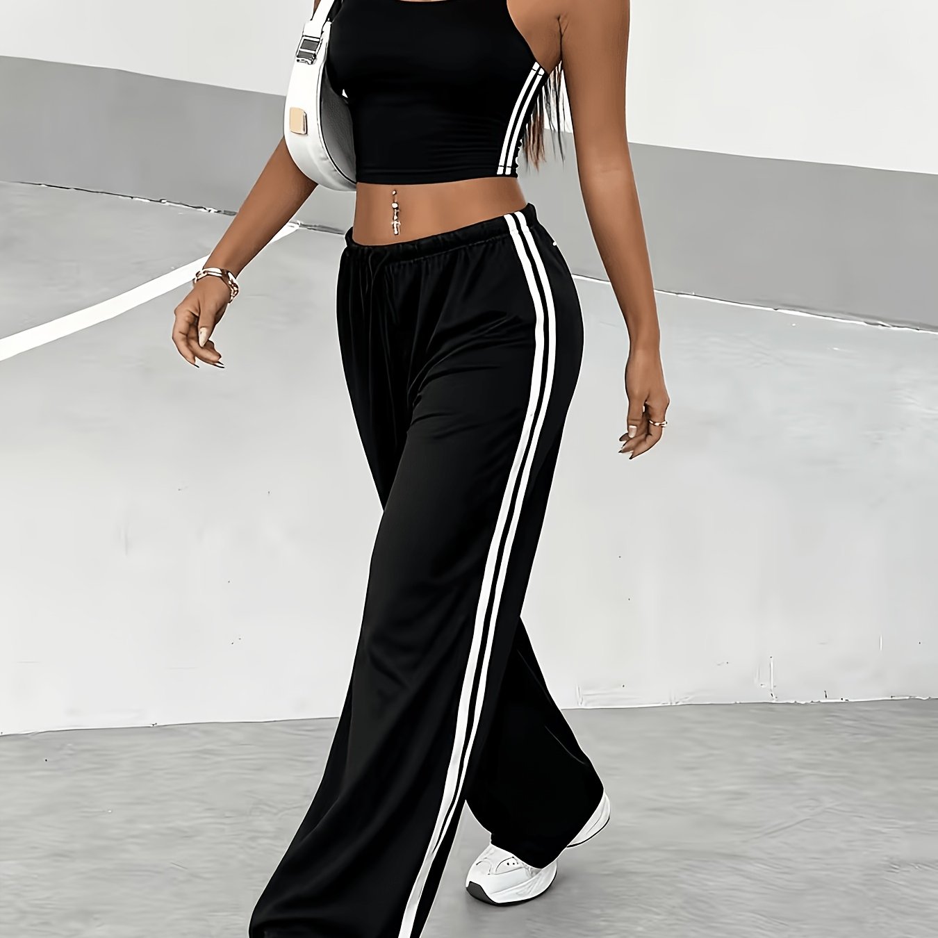TEMU Color-block Side Stripe Wide-leg Sweatpants With Suspender Set