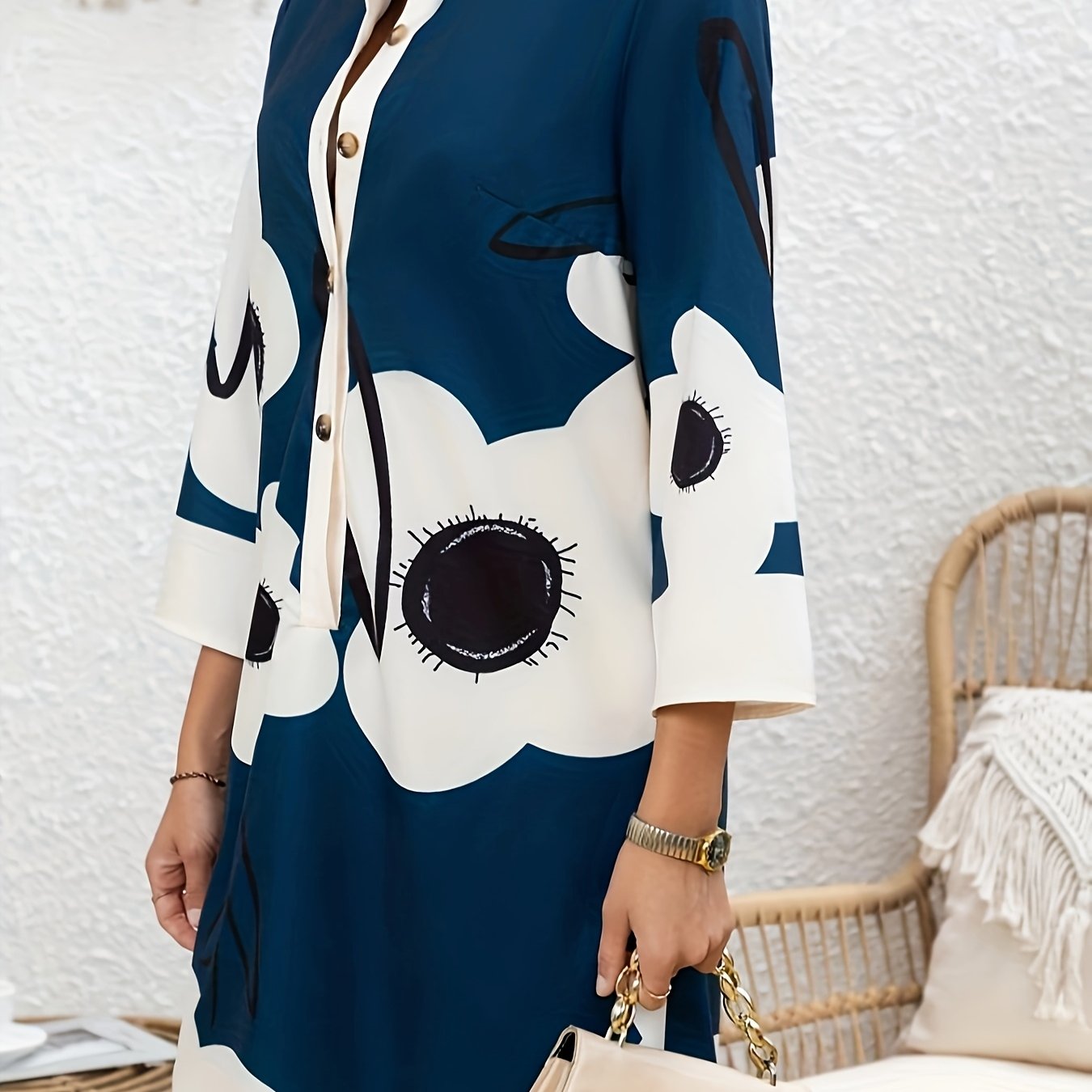TEMU Robe midi à manches longues pour femmes avec imprimé aléatoire et boutonnage sur le devant
