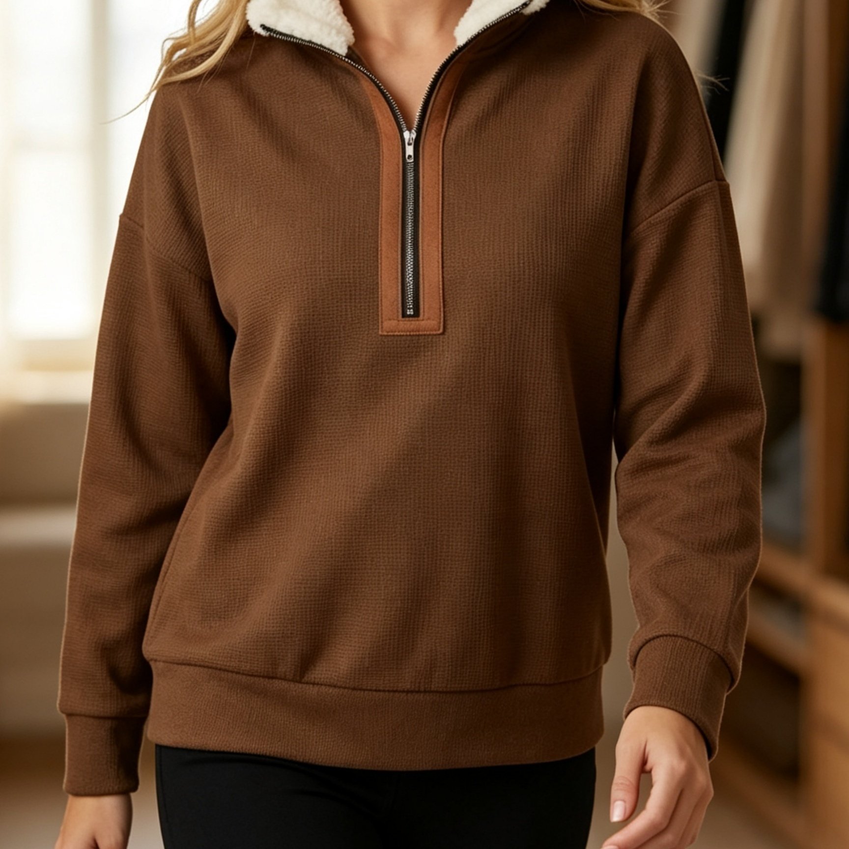 Image of Women's Hoodie - Autumn/winter Long Sleeve Sweater With Collar And Zipper - Retro Style - Suitable For Daily Wear | Commuting | Vacation | Casual Dressing | For