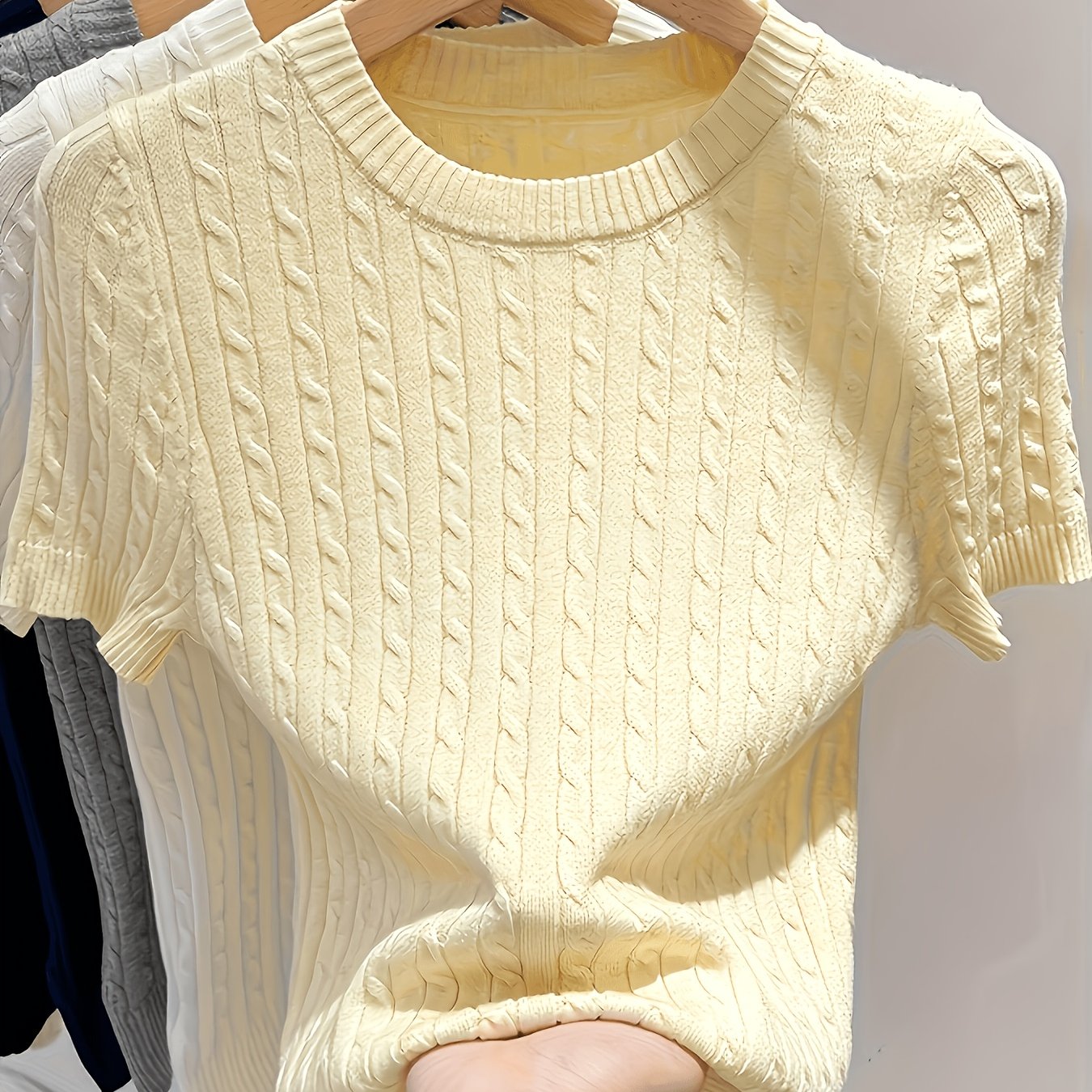 TEMU Short Sleeve Top Women's Spring Summer 2026 Trendy Versatile Cable Short Round Neck T-shirt Top