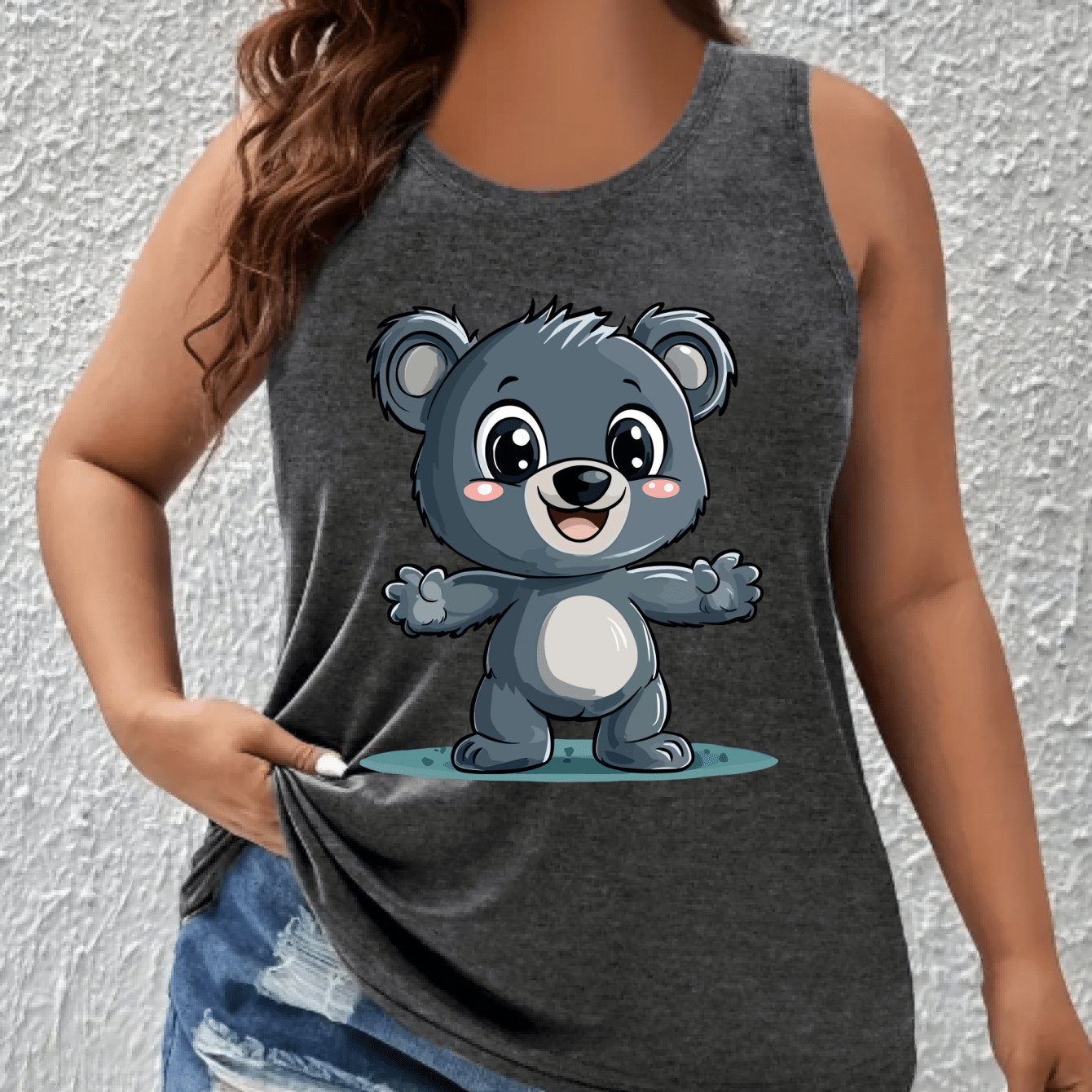 TEMU Women's Plus Size Off-the- Top With Cute Cartoon Koala Print - Breathable Stretchy Fabric, Casual Sporty Sleeveless Shirt For Spring Summer,
