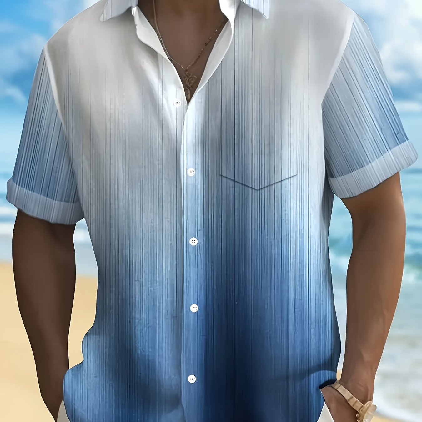 Men's Tropical Gradient Stripe -up Shirt With Pocket - Breathable Polyester, Ideal For Summer Vacations, Resort Style, Large Size, Plus Size