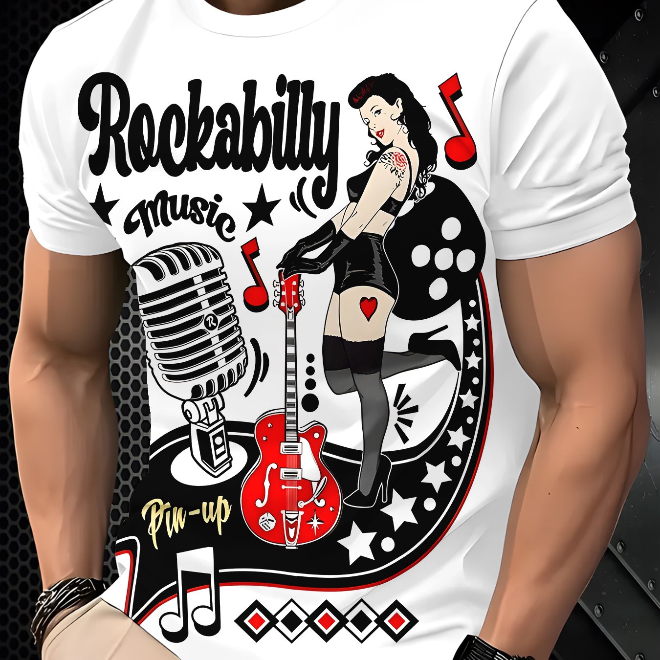 TEMU [print Design â Not Textured] Trendy Men's Retro Rock Girl Print Short Sleeve T-shirt, Theme Loose Casual Top