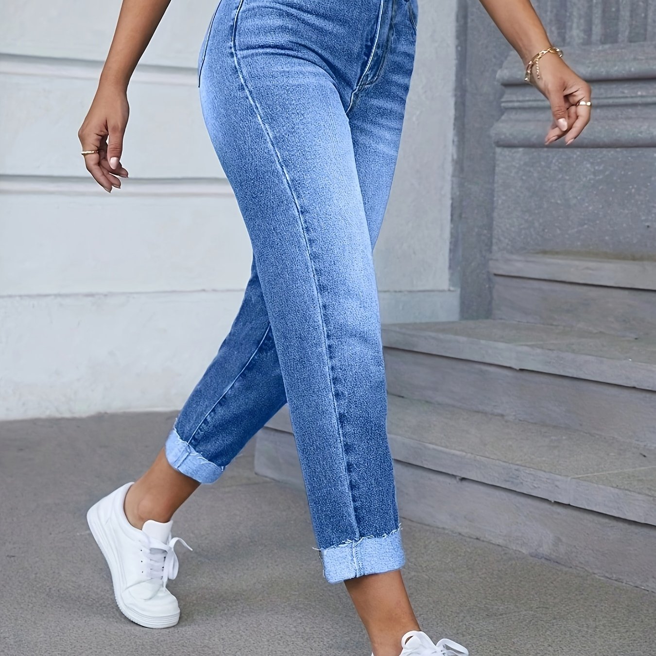 Fashionable Rolled-up Hem Casual Jeans With Pockets, 9 Quarter Women's Pants