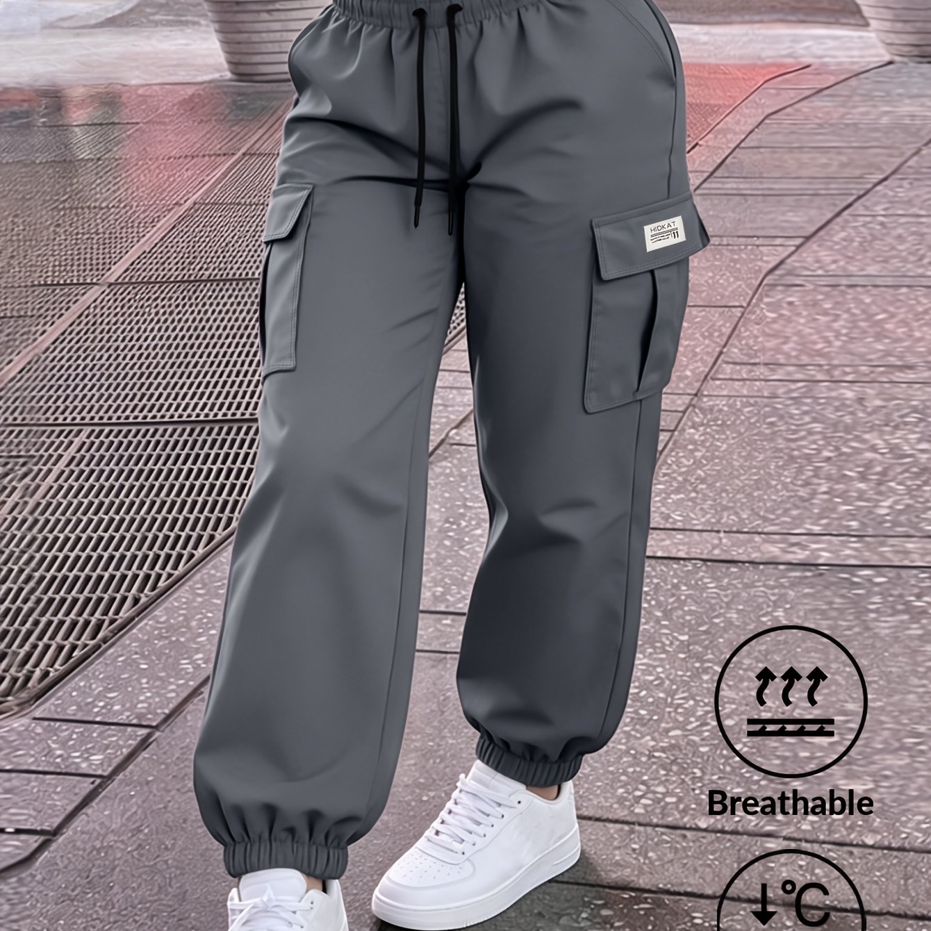 TEMU Pantalones cargo deportivos de color liso para mujer, joggers multi-bolsillos con cintura elástica y cordón ajustable, ideales para , verano,