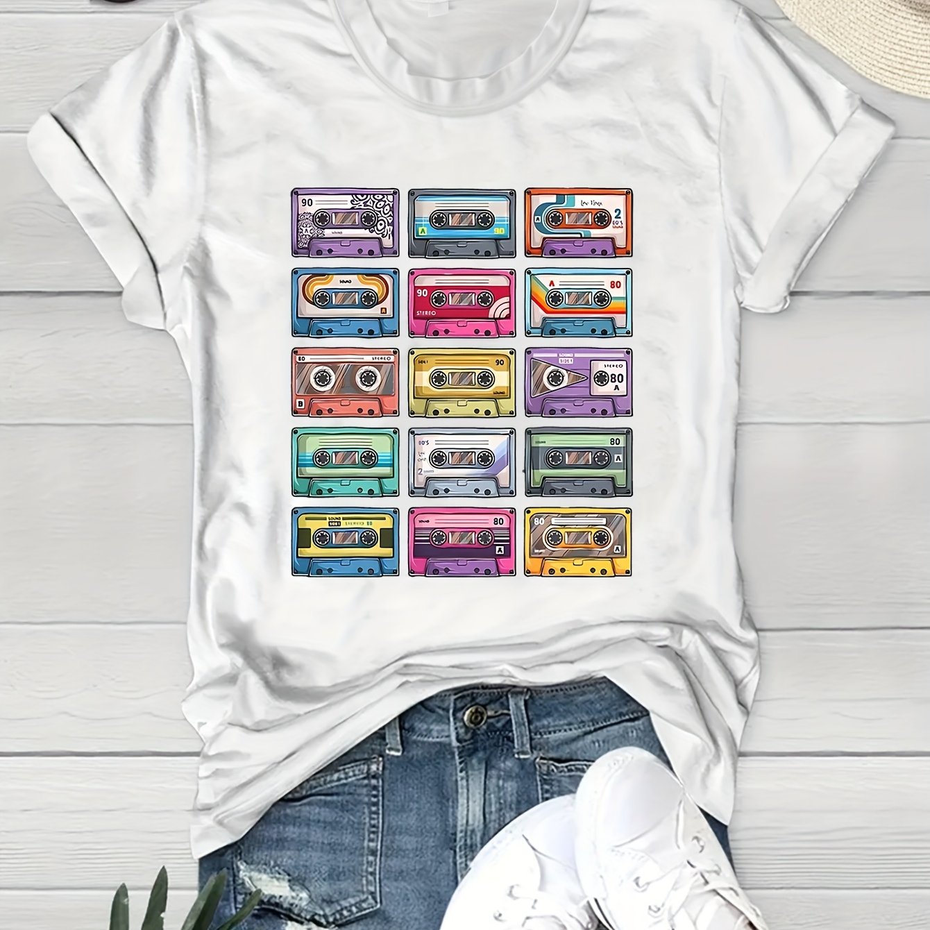 TEMU Creative Retro Colorful Radio Pattern T-shirt - Women's Crew Neck T-shirt Shirt Apparel