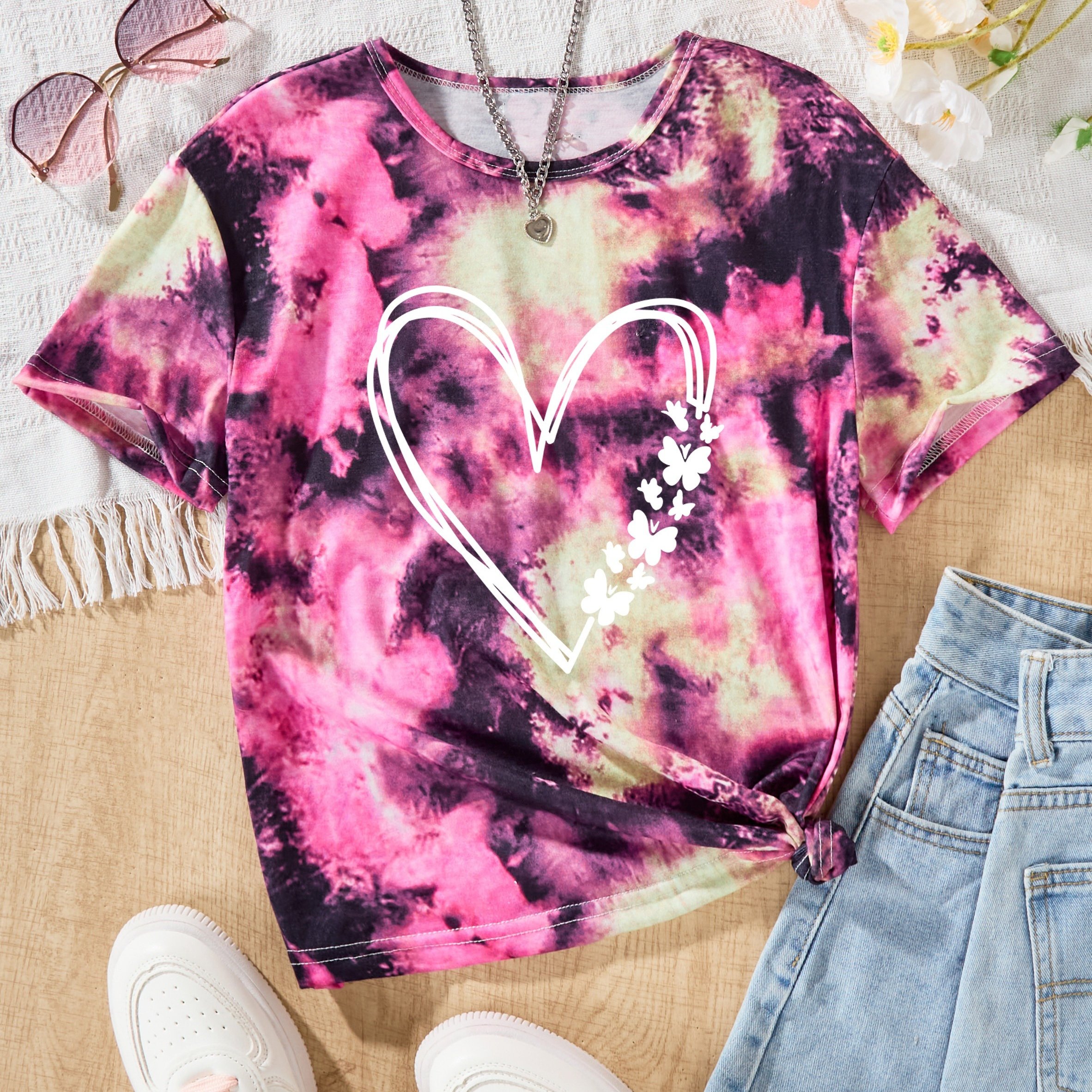 Girls' Tie-dye Round Neck Knit Top