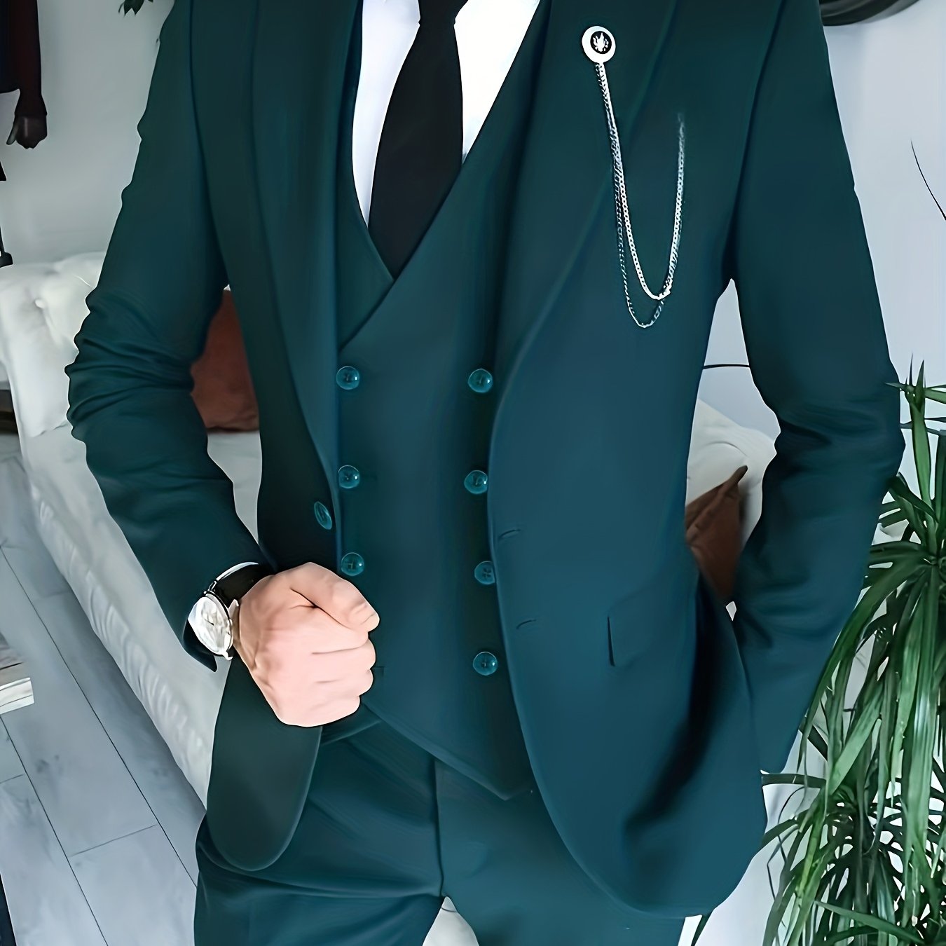 TEMU Men' Greenteal/red/ & / & Striped/patterned/patterned Blazers - Non-stretch Fabric, Lapel Collar, Button Front, Machine Washable - Regular &