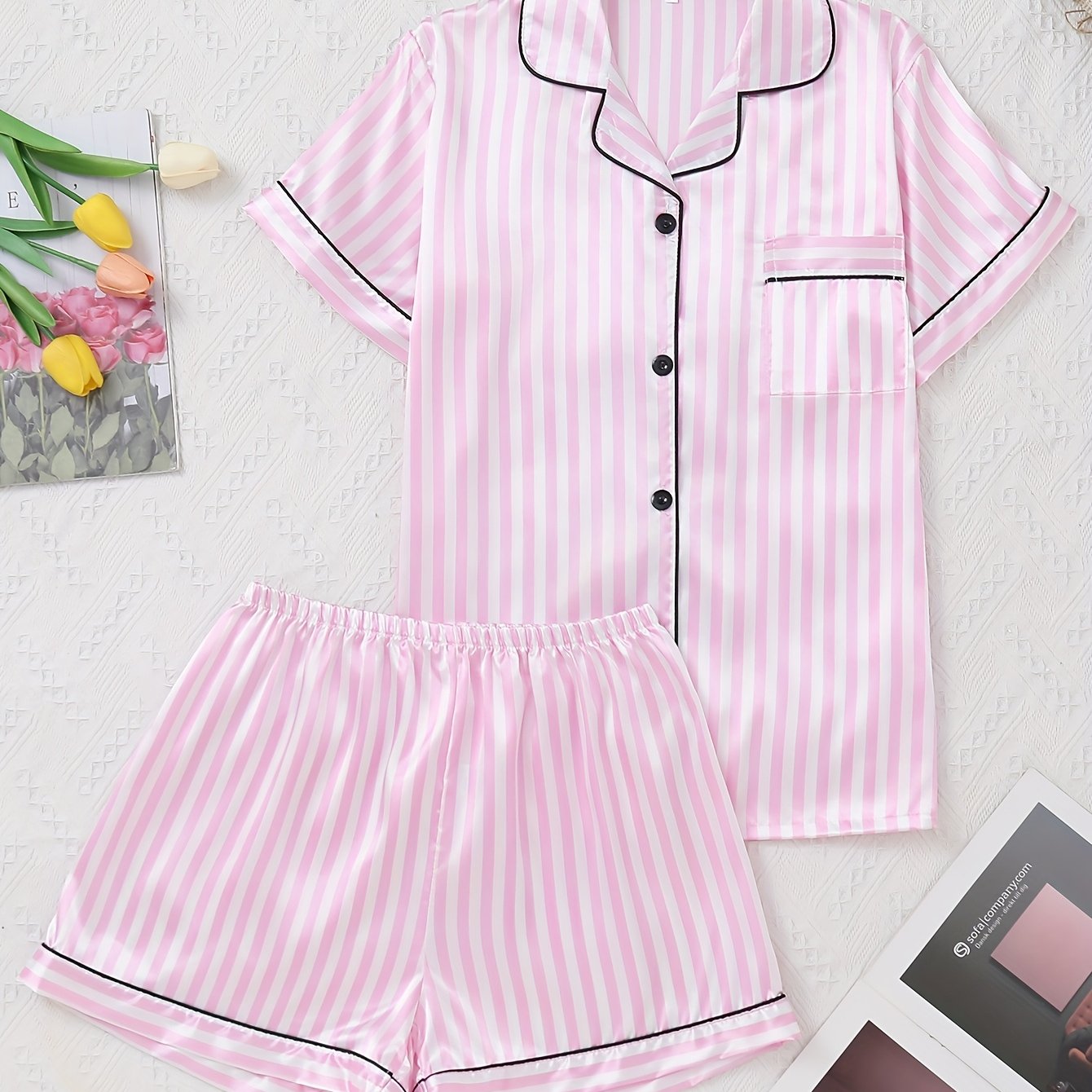 TEMU Women's Elegant Cute 2pcs Short Sleeve Short Shorts Light Pink Striped Soft Pajama Set Summer Button-up Opening Pocket Top Elastic Waist Shorts
