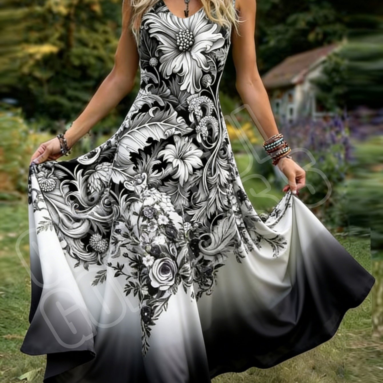 Image of Women's Retro-style Sleeveless Dress With Elegant Floral Print Design, Pastoral V-neck A-line Maxi Skirt. Machine Washable, Perfect For Casual Attire And Vacations.