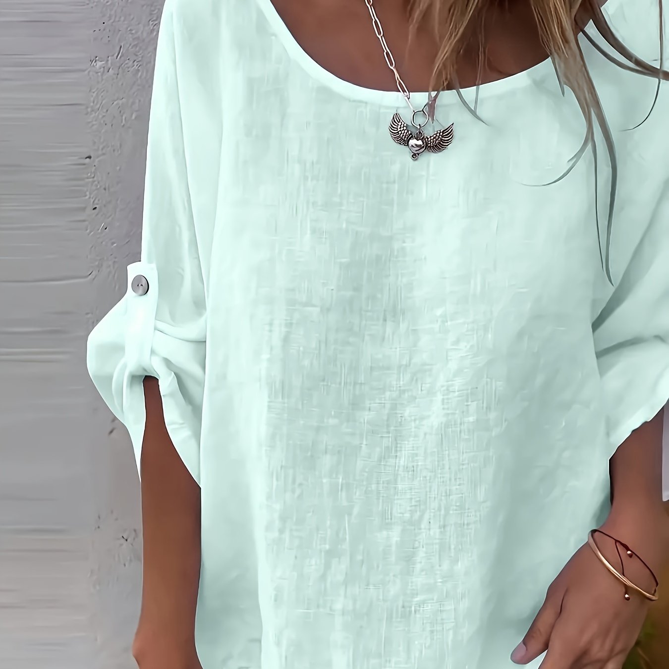 Image of Solid Round Neck Shirt, Casual Fashion Easy Design Women's Elegant Shirt, Elegant Directional Style