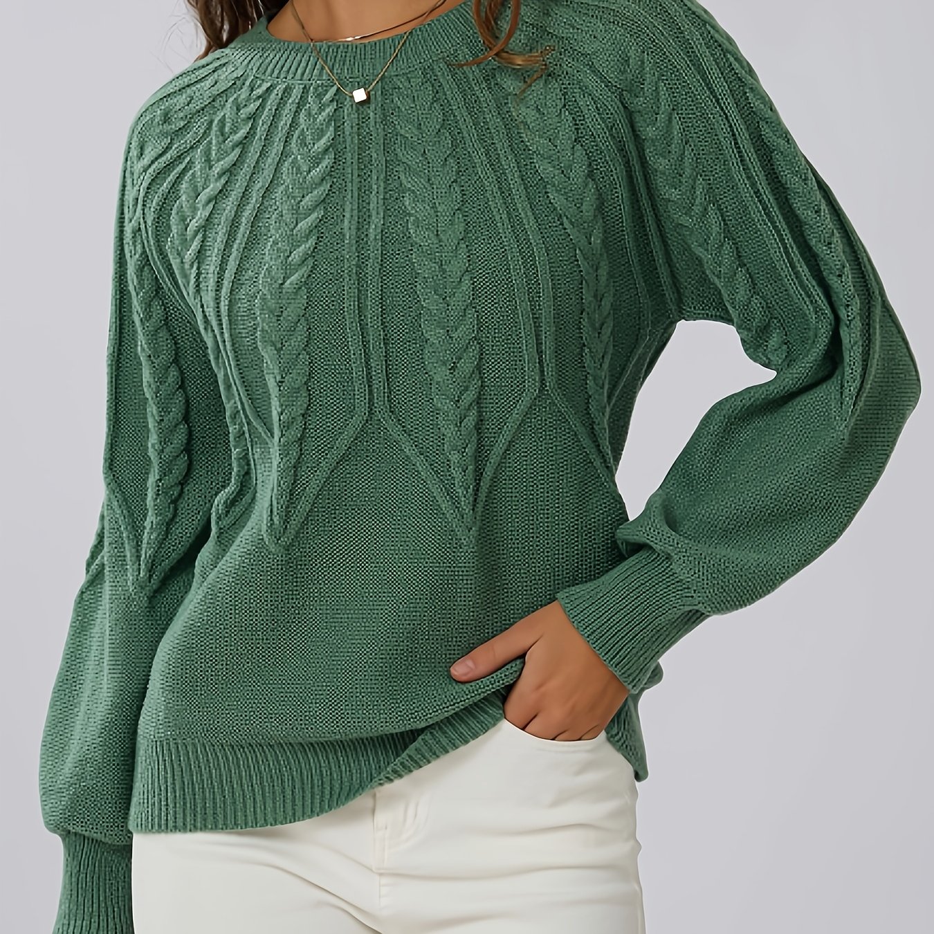 Cable Knit Crew Neck Sweater, Elegant Long Sleeve Sweater For Fall & Winter, Women's Clothing